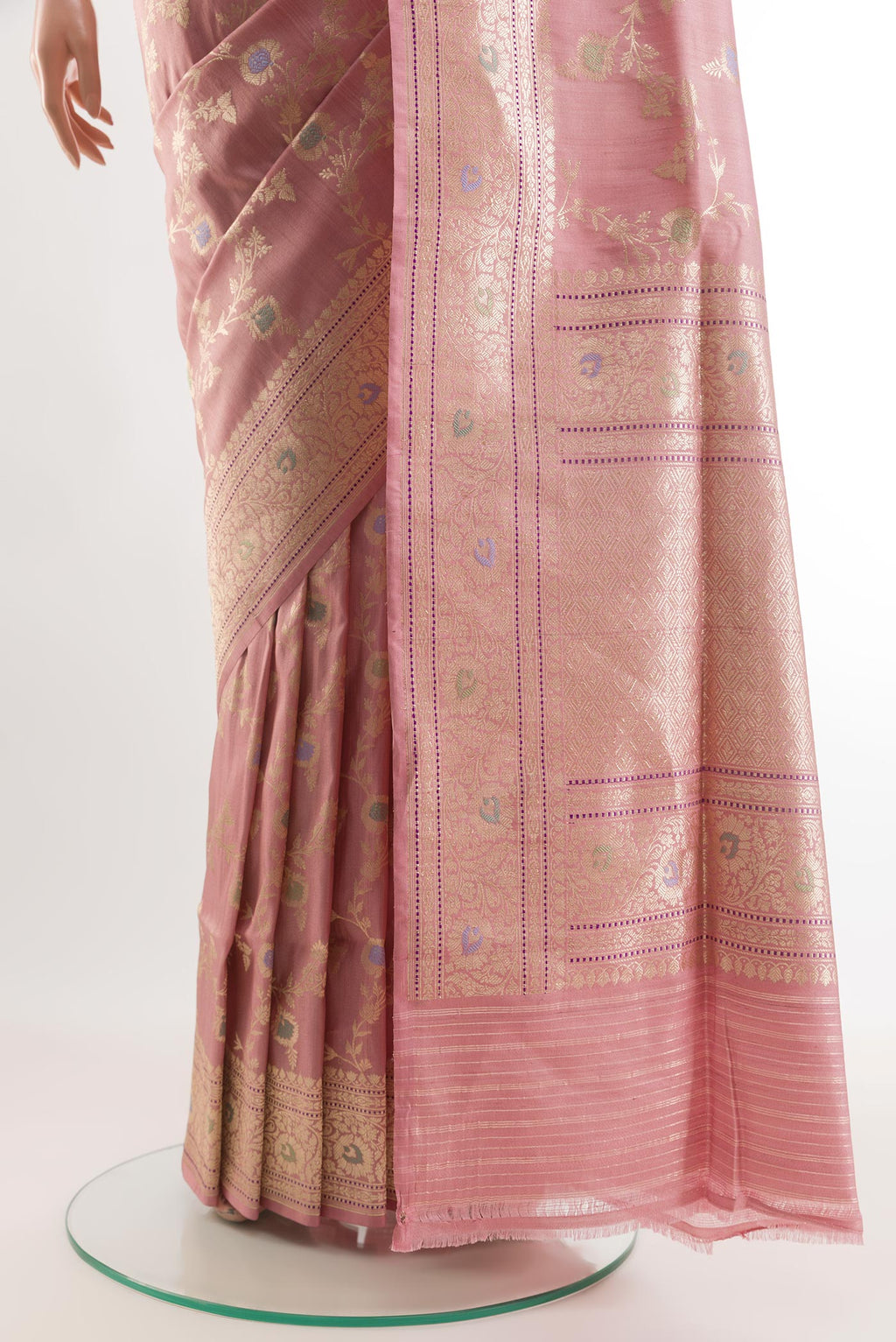 Pleats and pallu of Pink Banarasi Tussar Silk Saree with Zari Brocade on the body and Zari Border. 