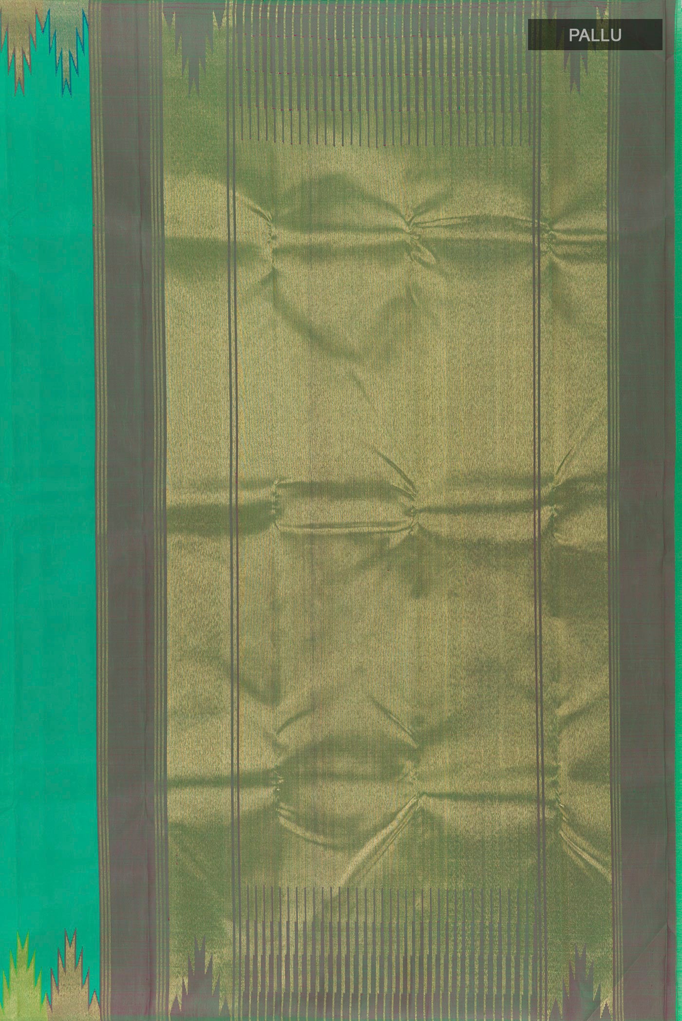 Close up image of the pallu of Green Kanchipuram Silk Saree with Plain Body and Zari Border. 