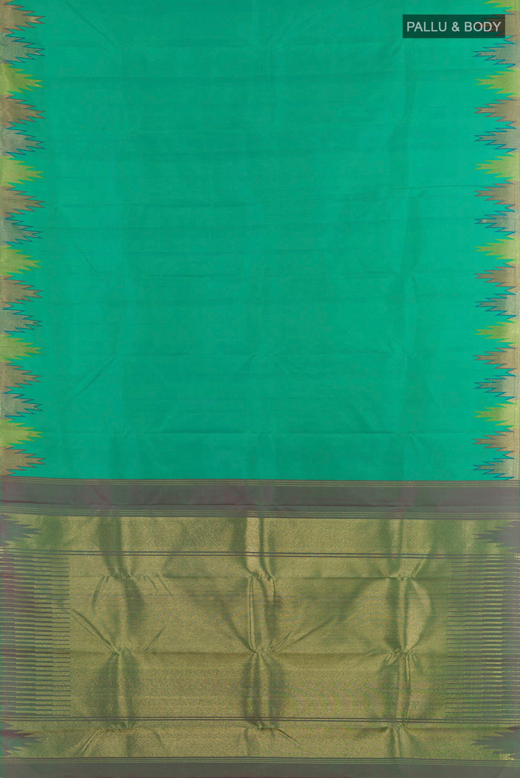 Flat view of Green Kanchipuram Silk Saree with Plain Body and Zari Border. 