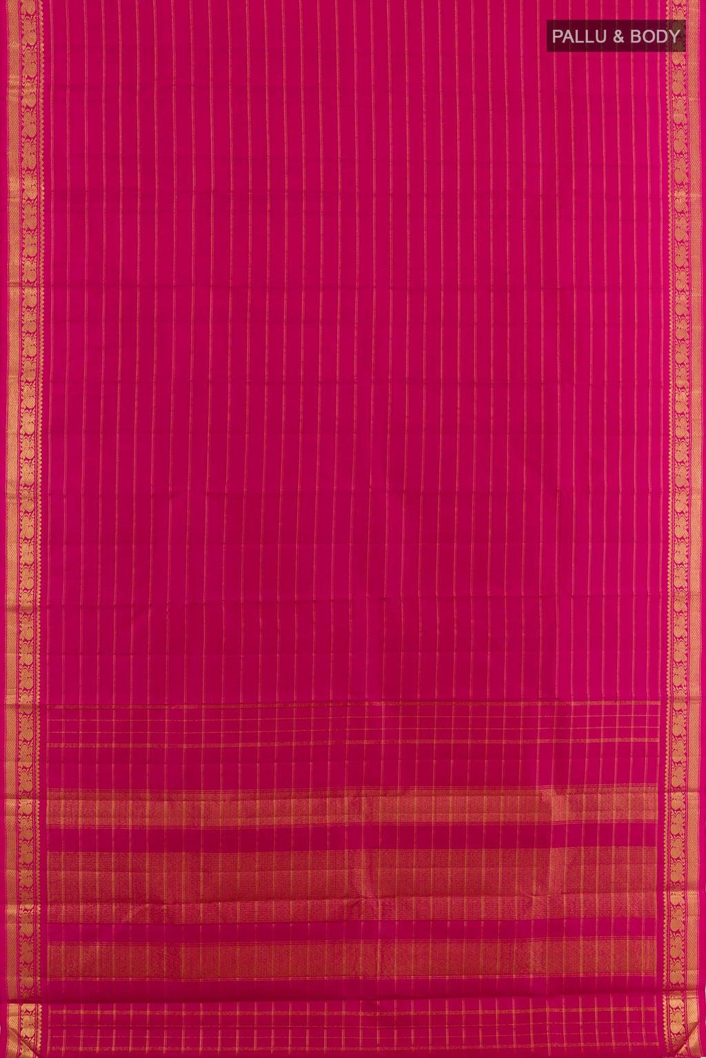 Flat view of Pink Kanchipuram Silk Saree with Stripes on the body and Zari Border. 