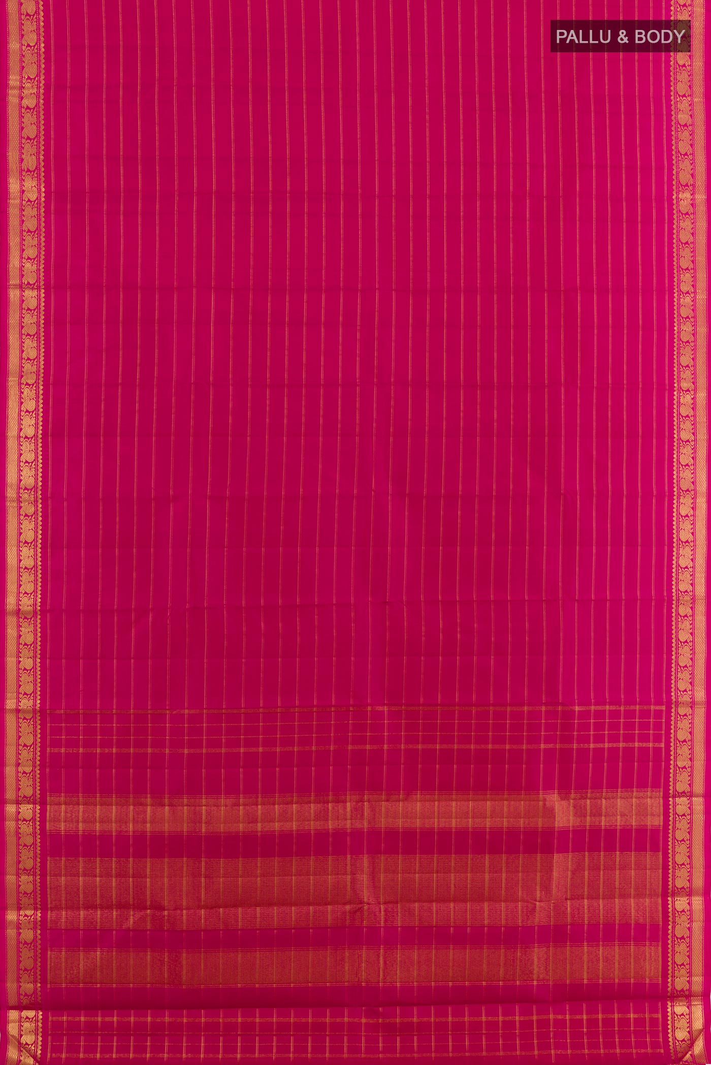 Flat view of Pink Kanchipuram Silk Saree with Stripes on the body and Zari Border. 