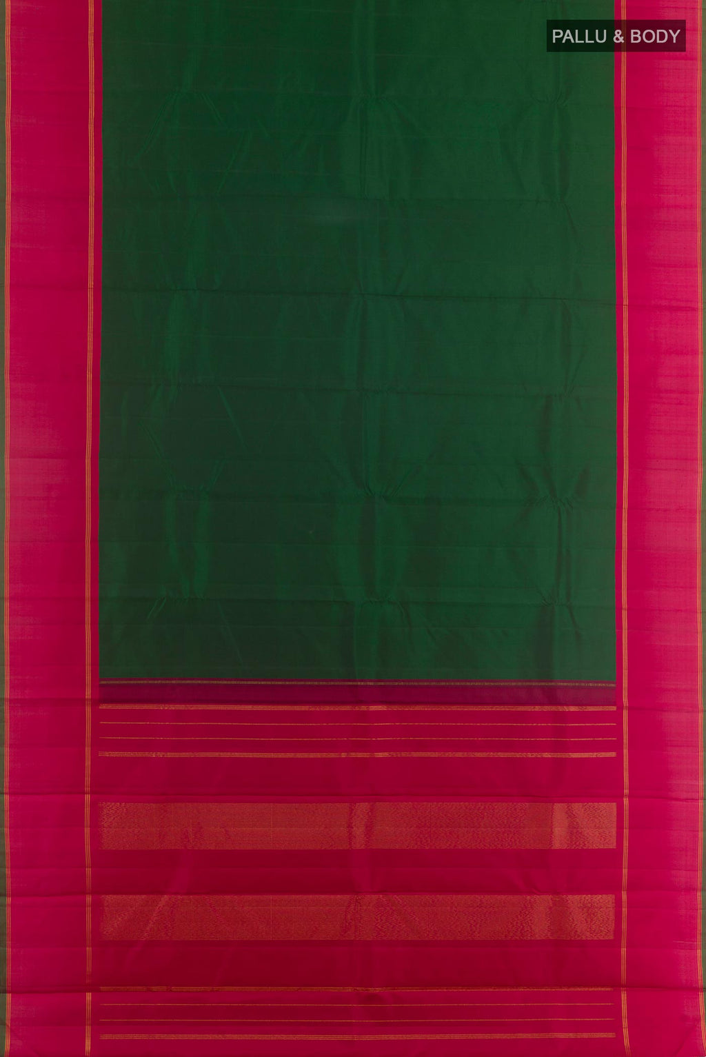 Flat view of Green Kanchipuram Silk Saree with Plain Body and Zari Border. 