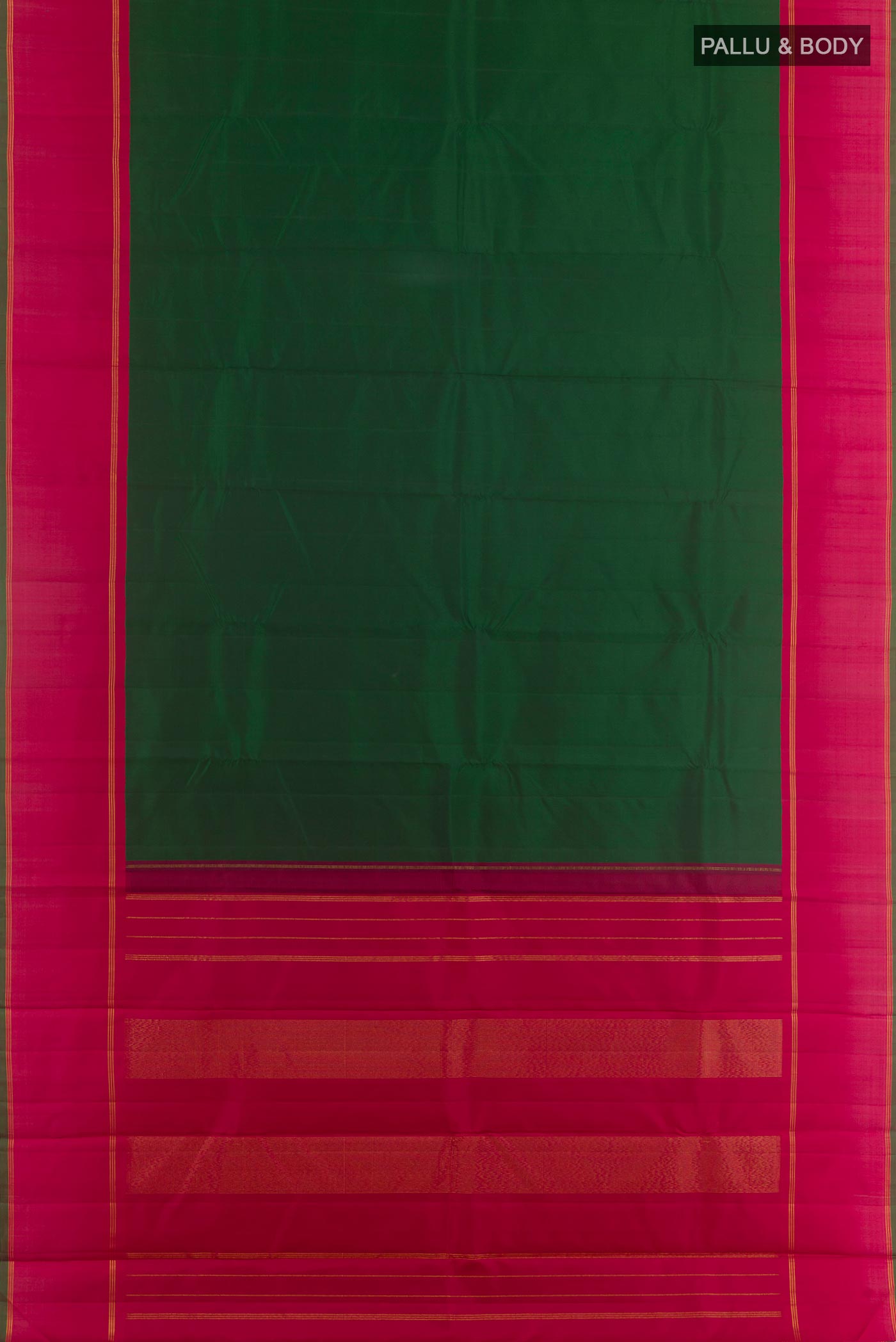 Flat view of Green Kanchipuram Silk Saree with Plain Body and Zari Border. 