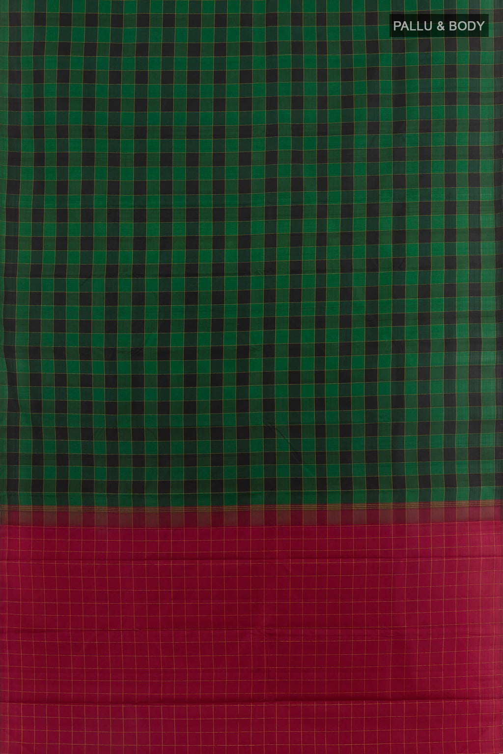 Flat view of Green Kanchipuram Silk Saree with Checked design on the body and Zari Border. 