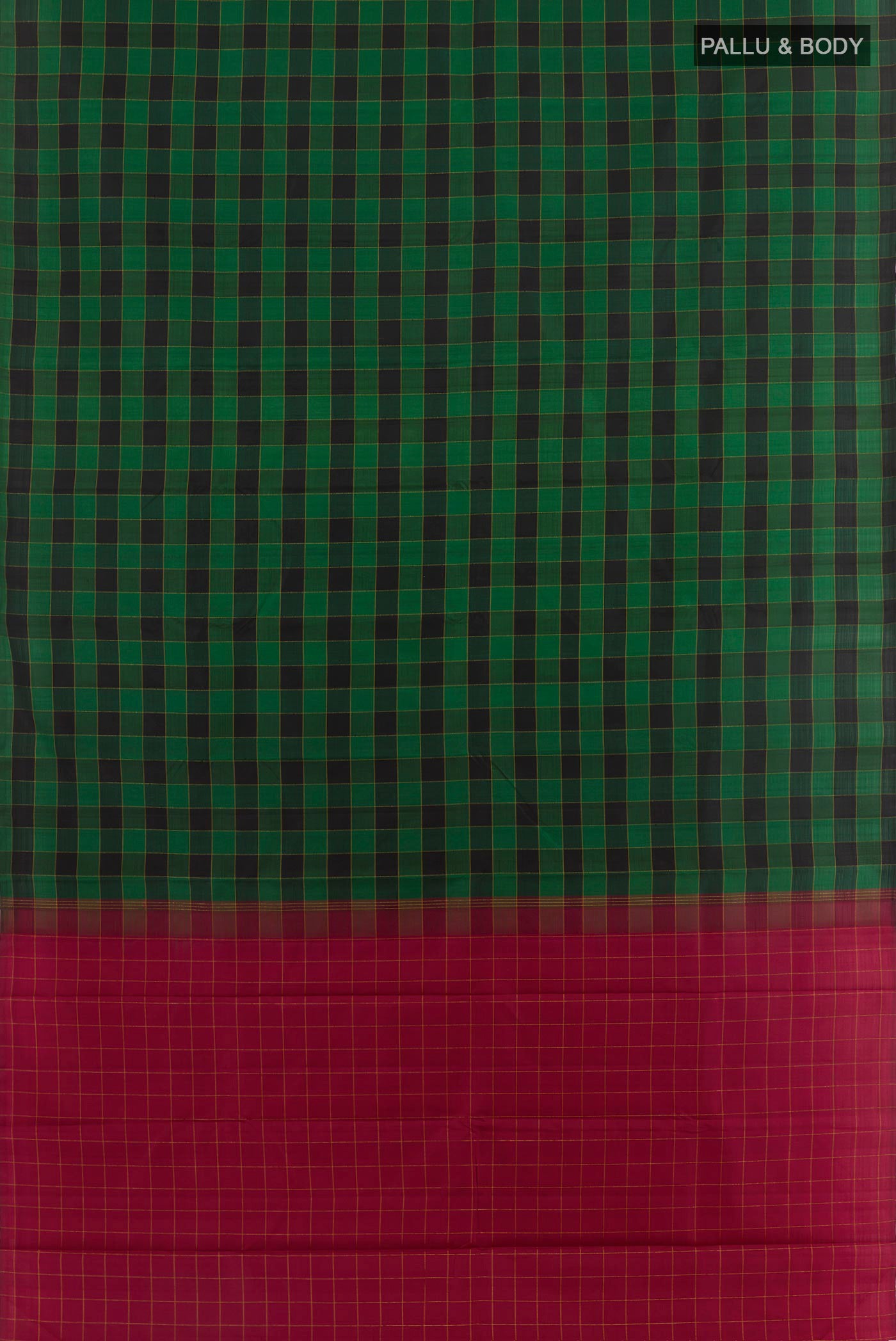 Flat view of Green Kanchipuram Silk Saree with Checked design on the body and Zari Border. 