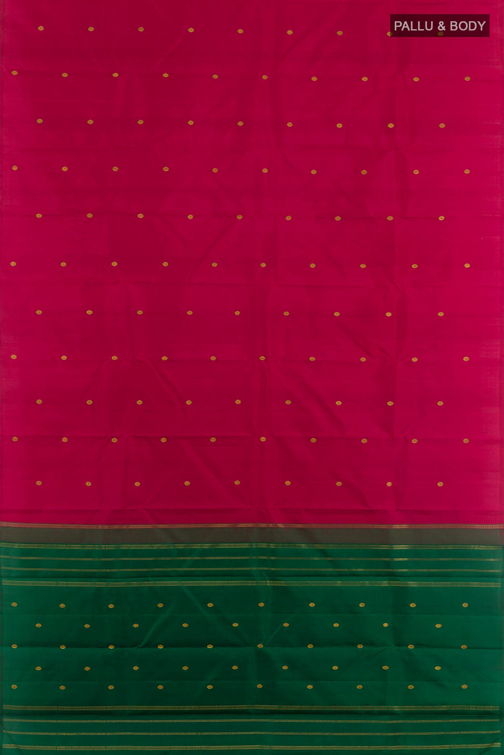 Flat view of Maroon Kanchipuram Silk Saree with Zari Butta on the body and Ganga Jamuna Border. 