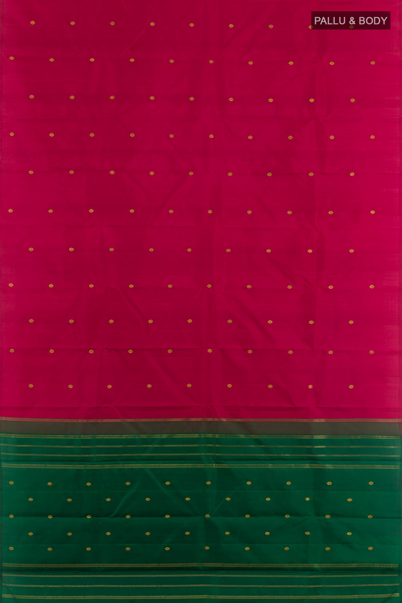 Flat view of Maroon Kanchipuram Silk Saree with Zari Butta on the body and Ganga Jamuna Border. 