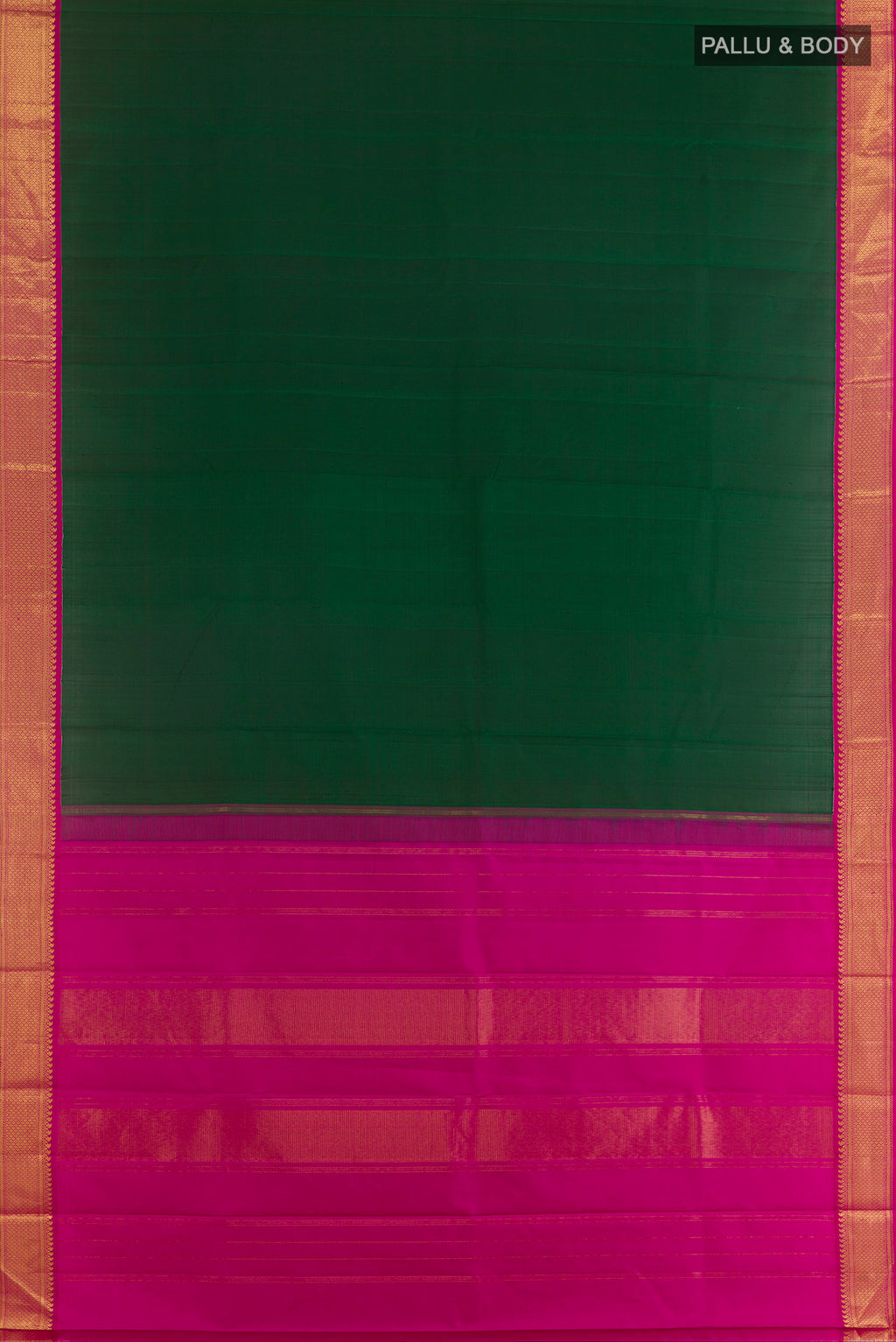 Flat view of Pure Silk Bottle Green Kanjivaram Saree with Plain Body and Zari Border. 