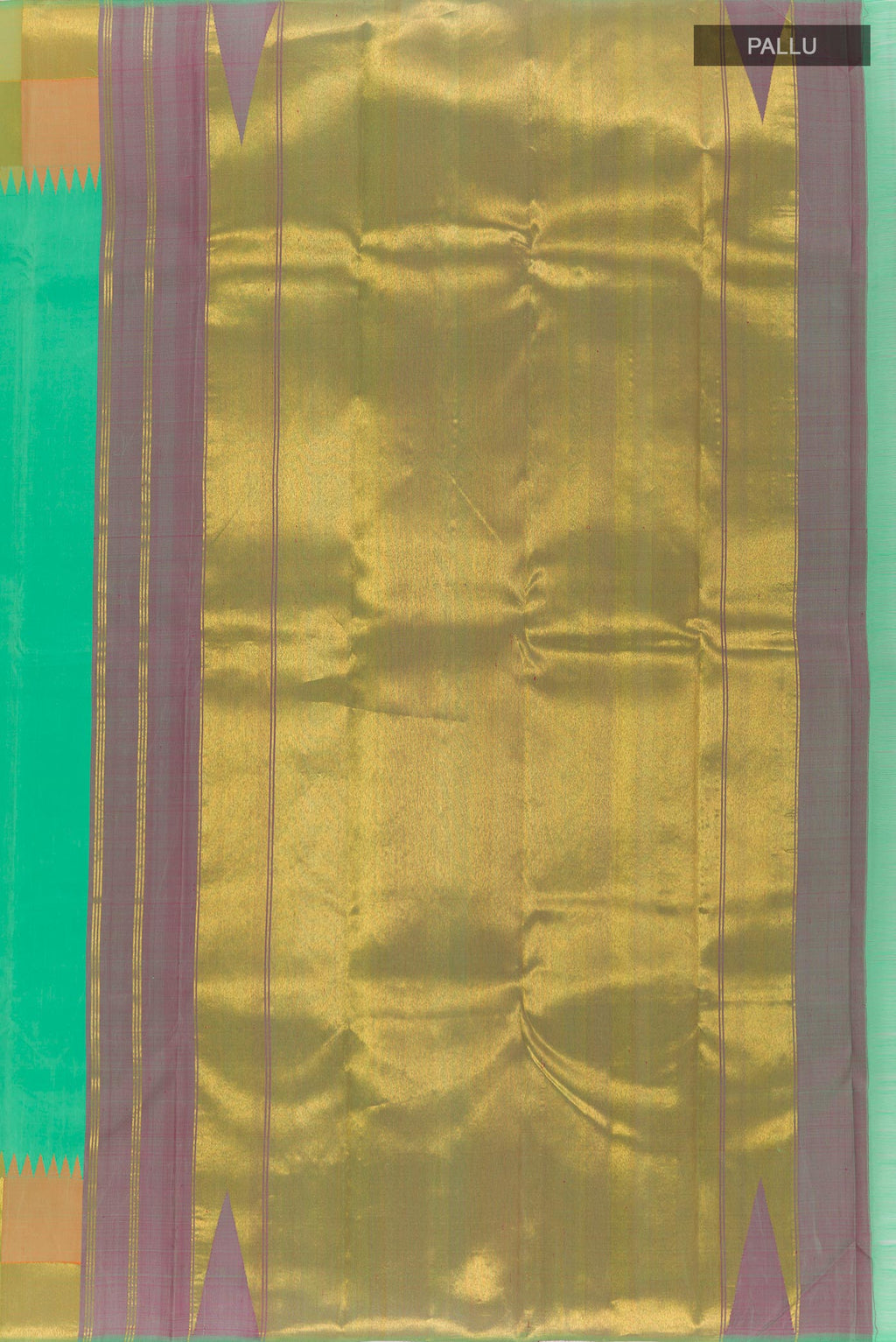 Close up image of the pallu of Sea Green Kanjivaram Silk Saree with Plain Body and Zari Border. 