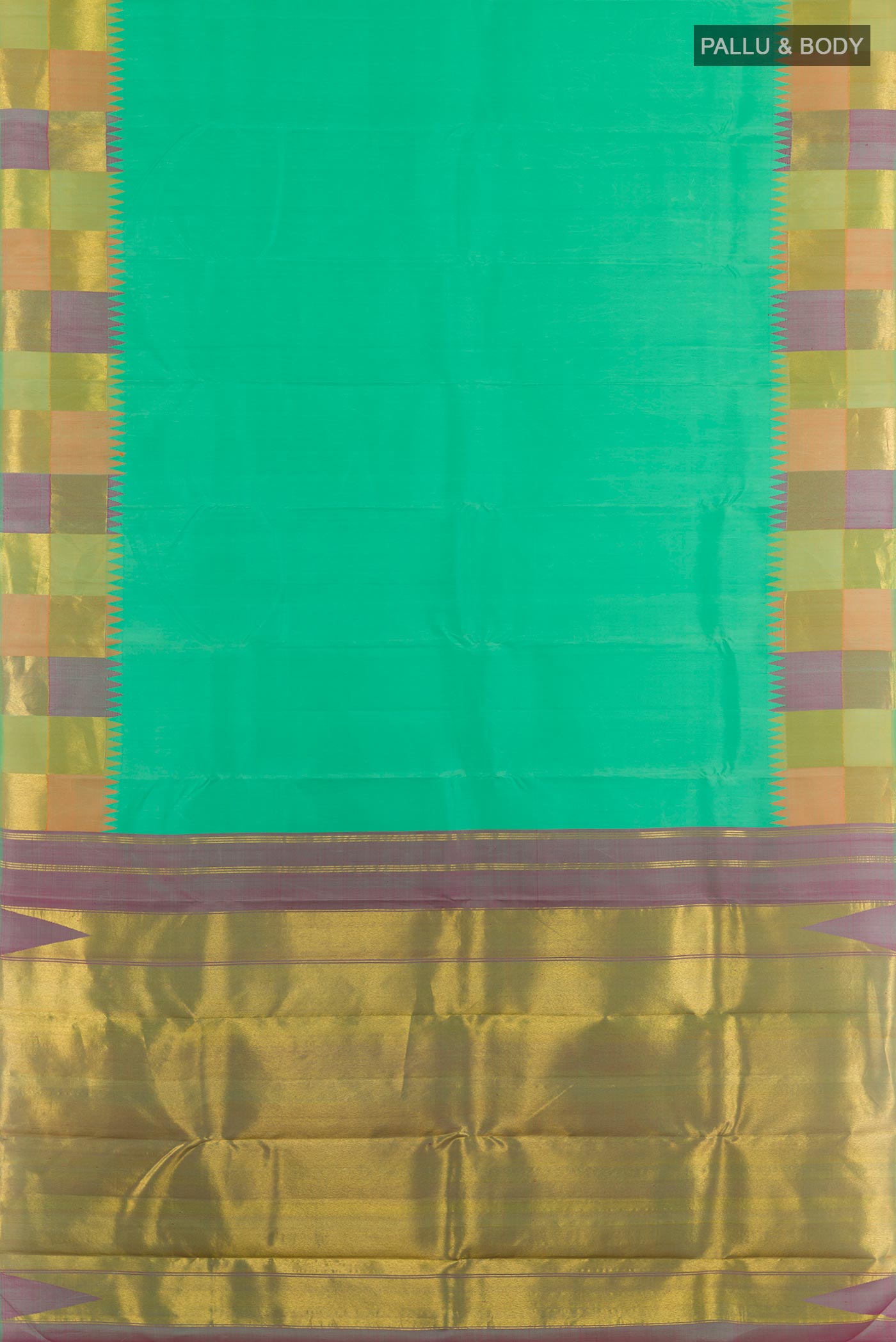 Flat view of Sea Green Kanjivaram Silk Saree with Plain Body and Zari Border. 