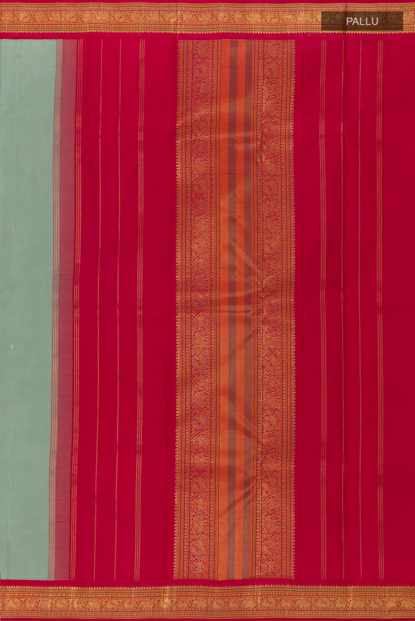 Close up image of the pallu of Grey Kanchipuram Silk Saree with Zari Butta on the body and Zari Border. 