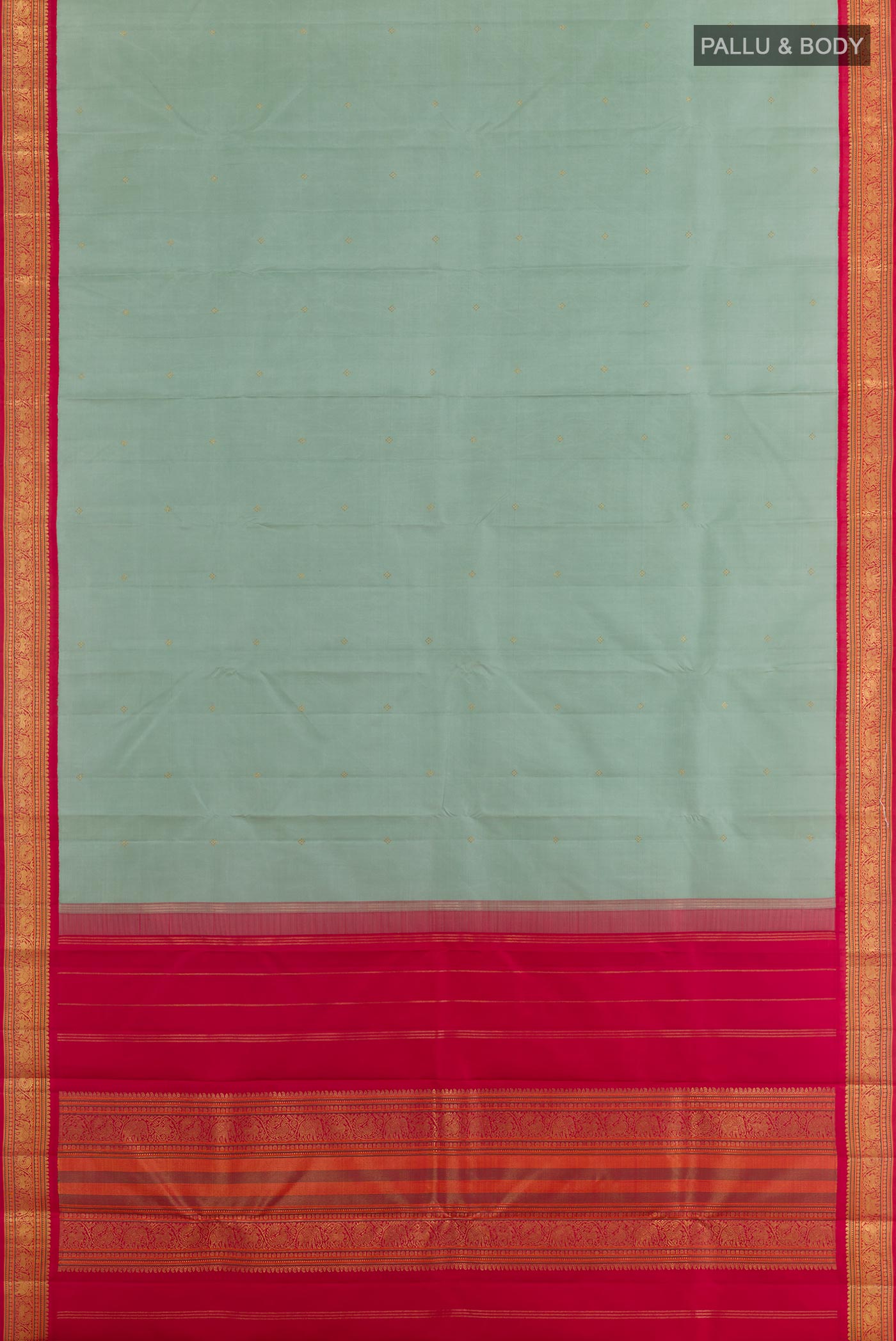 Flat view of Grey Kanchipuram Silk Saree with Zari Butta on the body and Zari Border. 