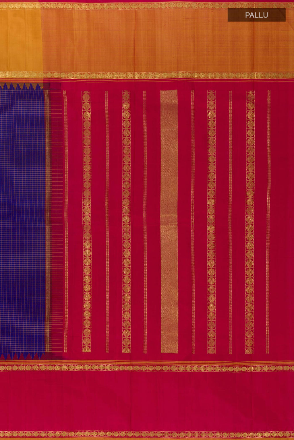 Close up image of the pallu of Blue Kanchipuram Silk Saree with Checked design on the body and Ganga Jamuna Border. 
