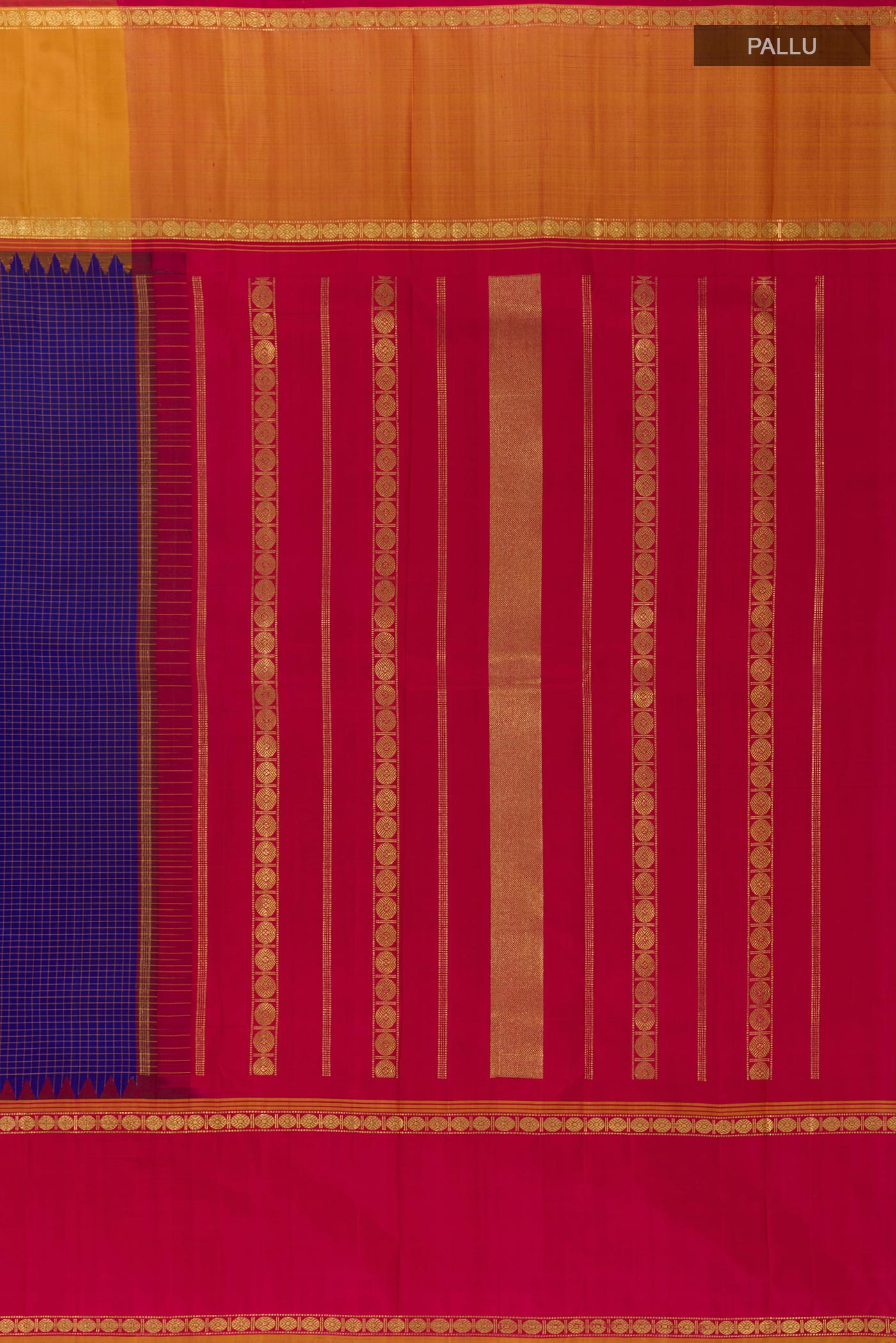 Close up image of the pallu of Blue Kanchipuram Silk Saree with Checked design on the body and Ganga Jamuna Border. 