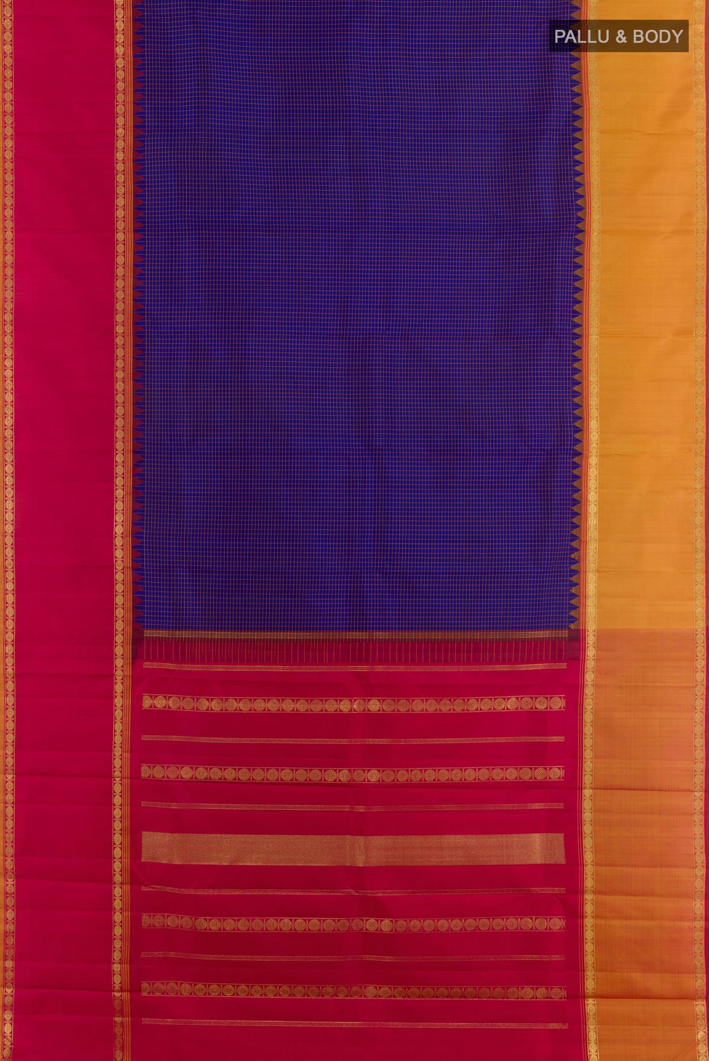 Flat view of Blue Kanchipuram Silk Saree with Checked design on the body and Ganga Jamuna Border. 