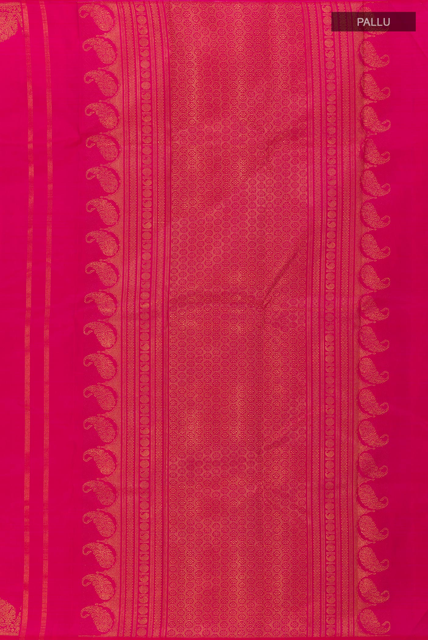 Close up image of the pallu of Pink Kanchipuram Silk Saree with Zari Butta on the body and Zari Border. 