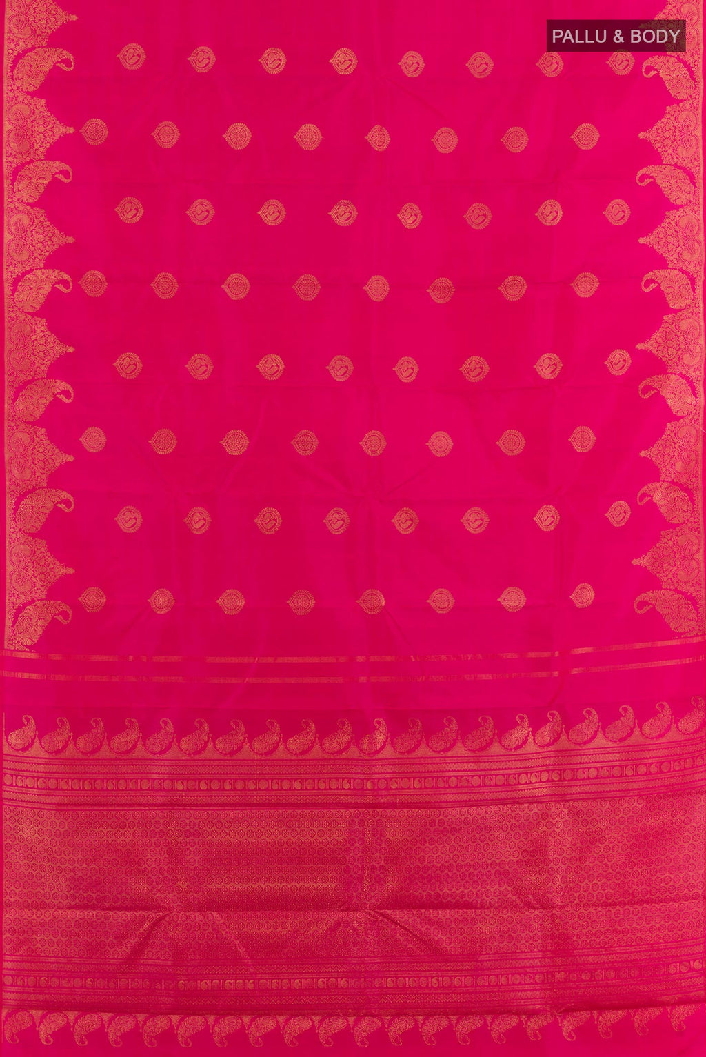 Flat view of Pink Kanchipuram Silk Saree with Zari Butta on the body and Zari Border. 