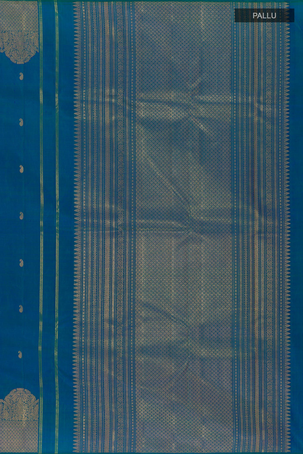 Close up image of the pallu of Peacock Blue Kanchipuram Silk Saree with Zari Butta on the body and Zari Border. 