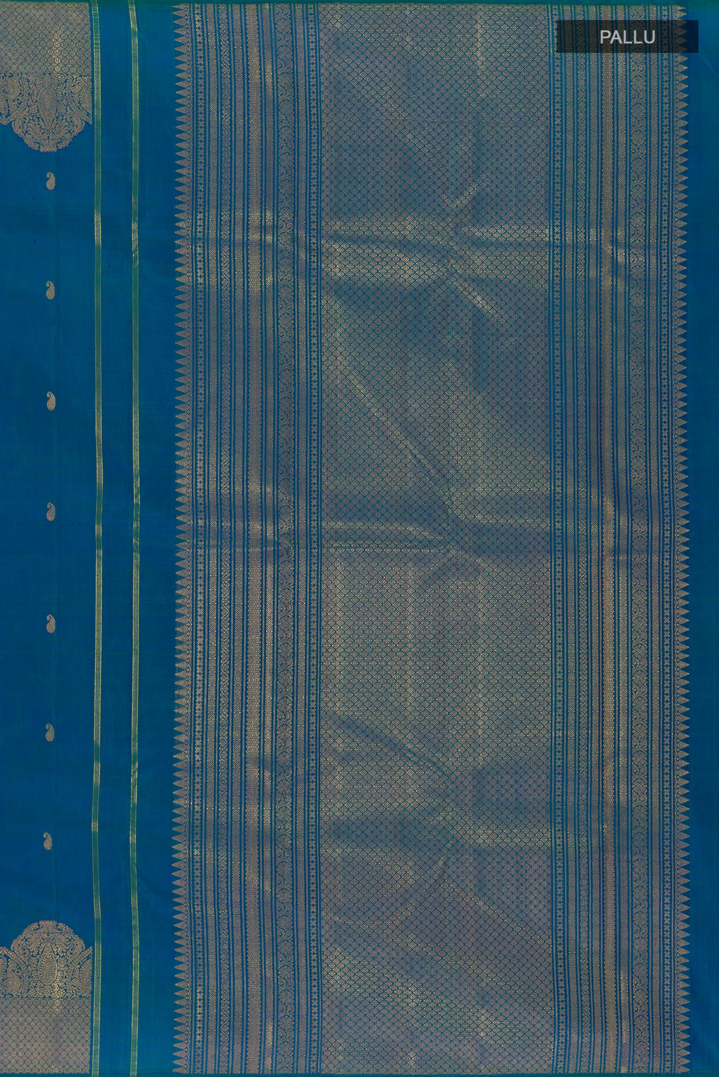 Close up image of the pallu of Peacock Blue Kanchipuram Silk Saree with Zari Butta on the body and Zari Border. 