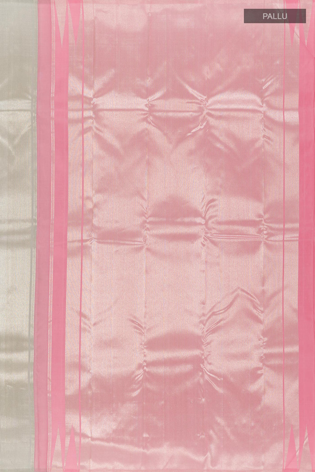 Close up image of the pallu of Silver Kanchipuram Silk Saree with Zari Brocade on the body and Zari Border. 