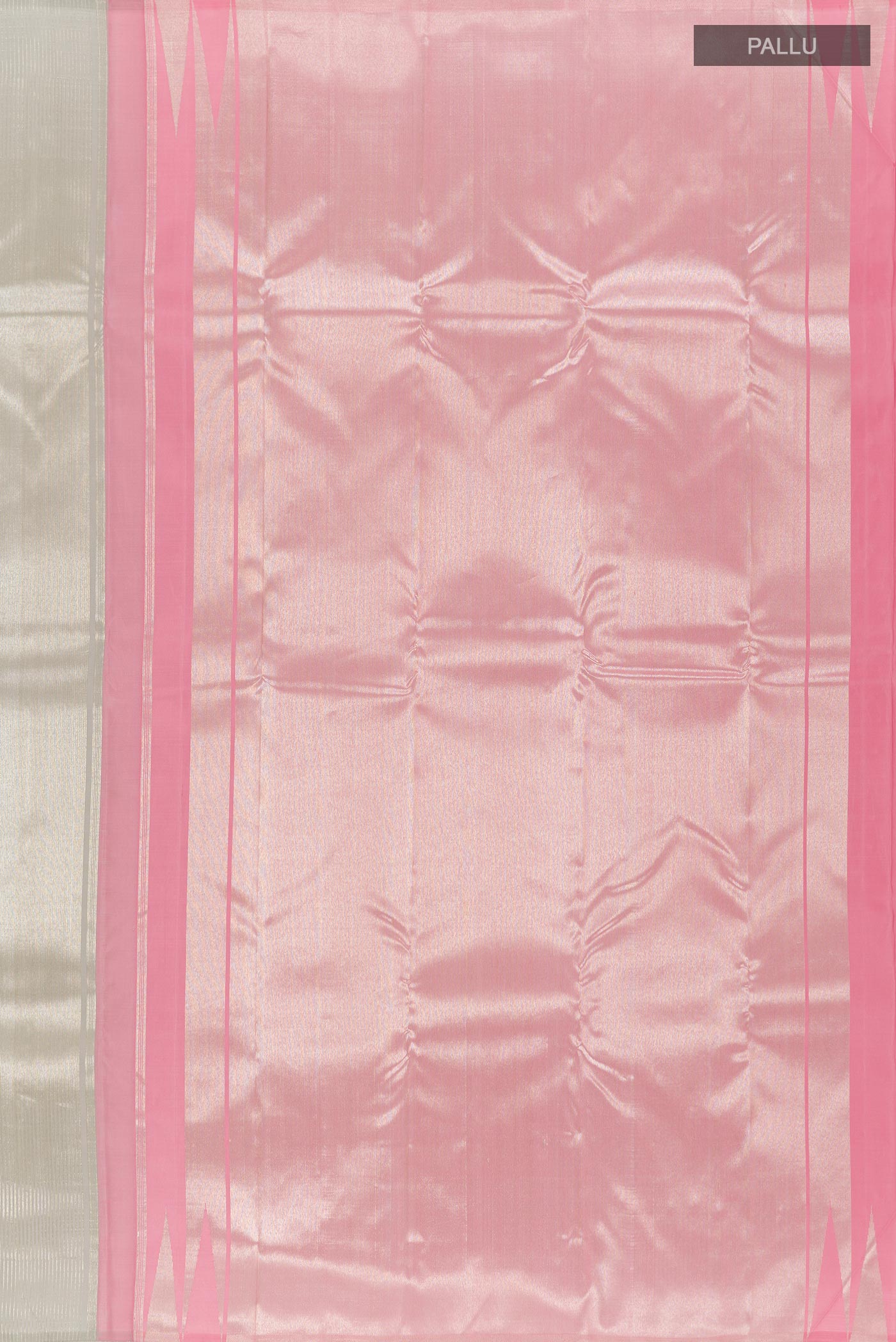 Close up image of the pallu of Silver Kanchipuram Silk Saree with Zari Brocade on the body and Zari Border. 