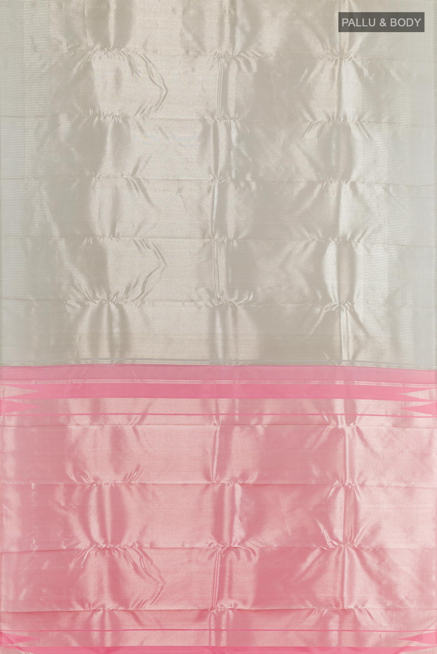 Flat view of Silver Kanchipuram Silk Saree with Zari Brocade on the body and Zari Border. 