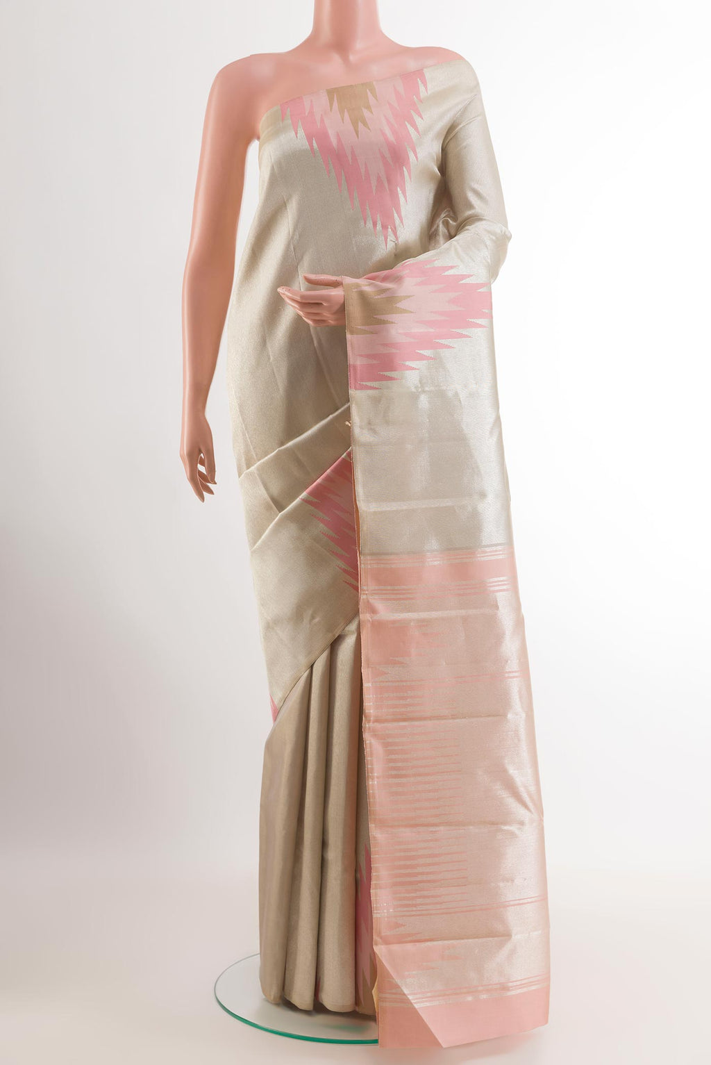 Silver Kanchipuram Silk Saree with Zari Brocade on the body and Zari Border.  displayed on a mannequin
