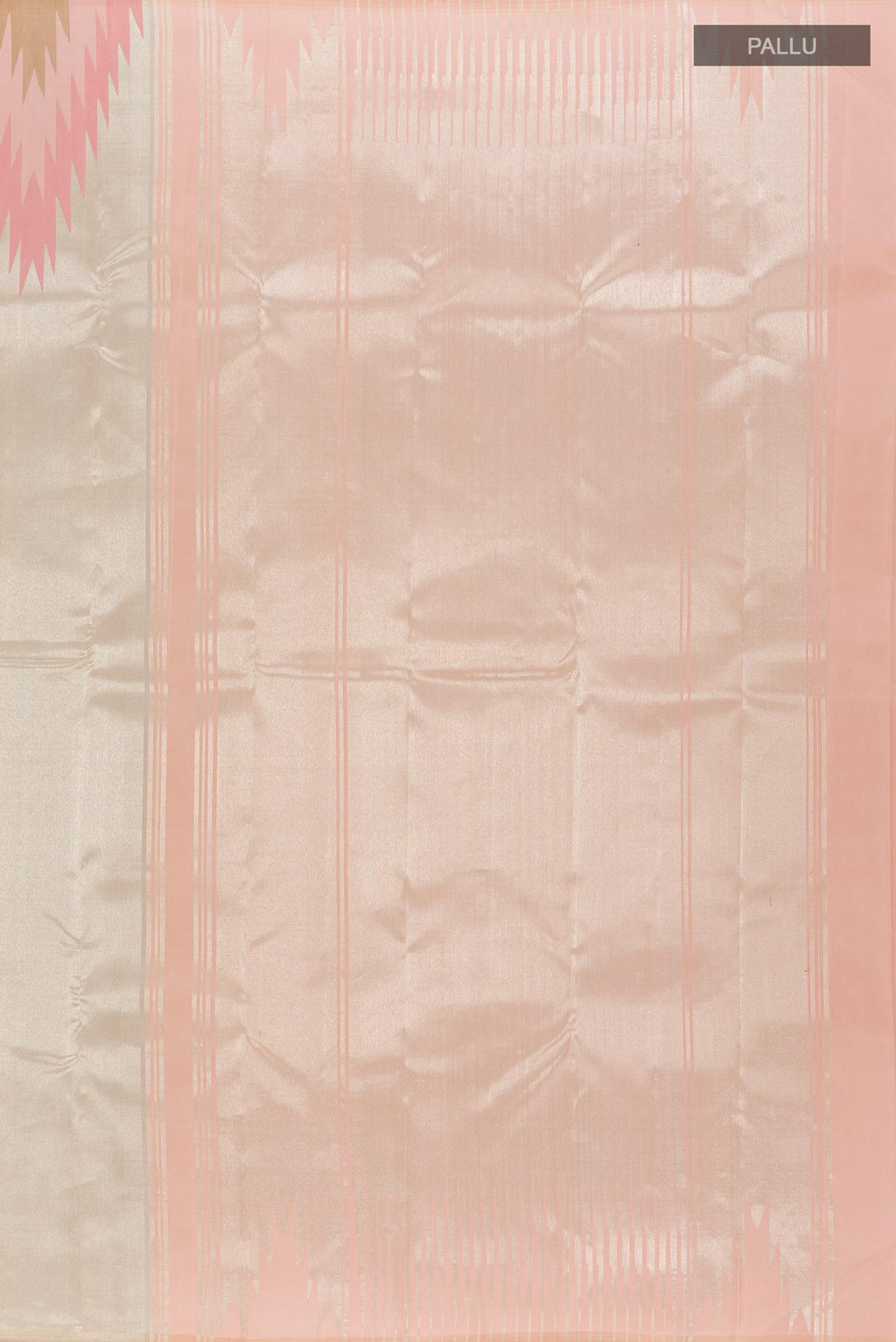 Close up image of the pallu of Silver Kanchipuram Silk Saree with Zari Brocade on the body and Zari Border. 