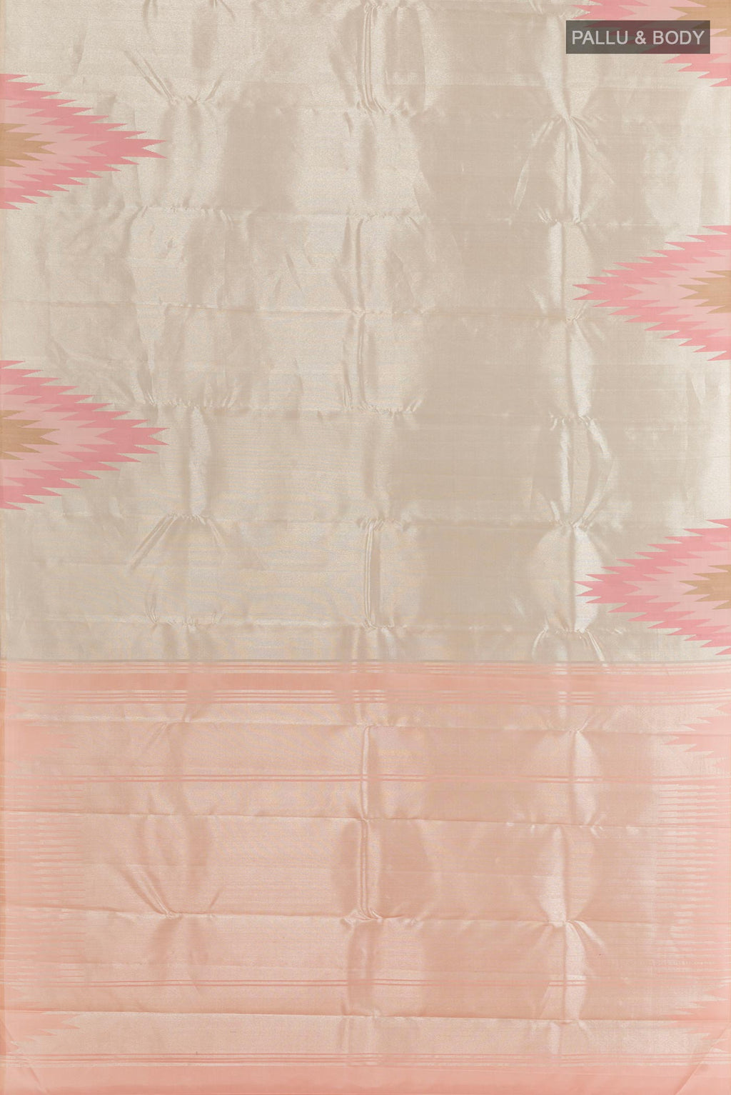 Flat view of Silver Kanchipuram Silk Saree with Zari Brocade on the body and Zari Border. 