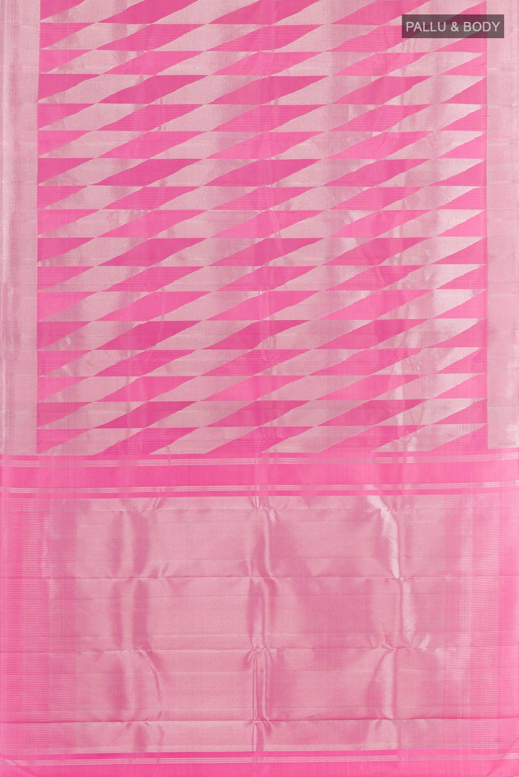 Flat view of Pink Kanchipuram Silk Saree with Zari Brocade on the body and Zari Border. 
