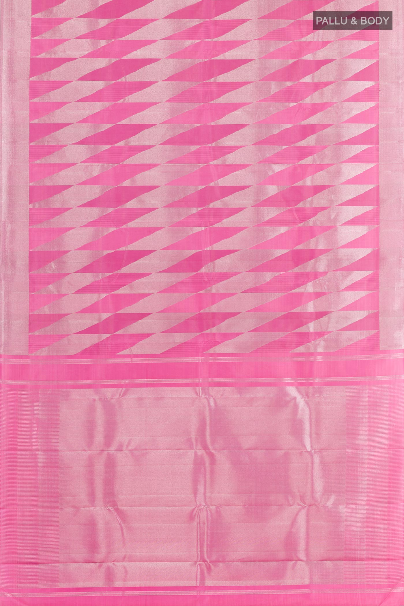 Flat view of Pink Kanchipuram Silk Saree with Zari Brocade on the body and Zari Border. 