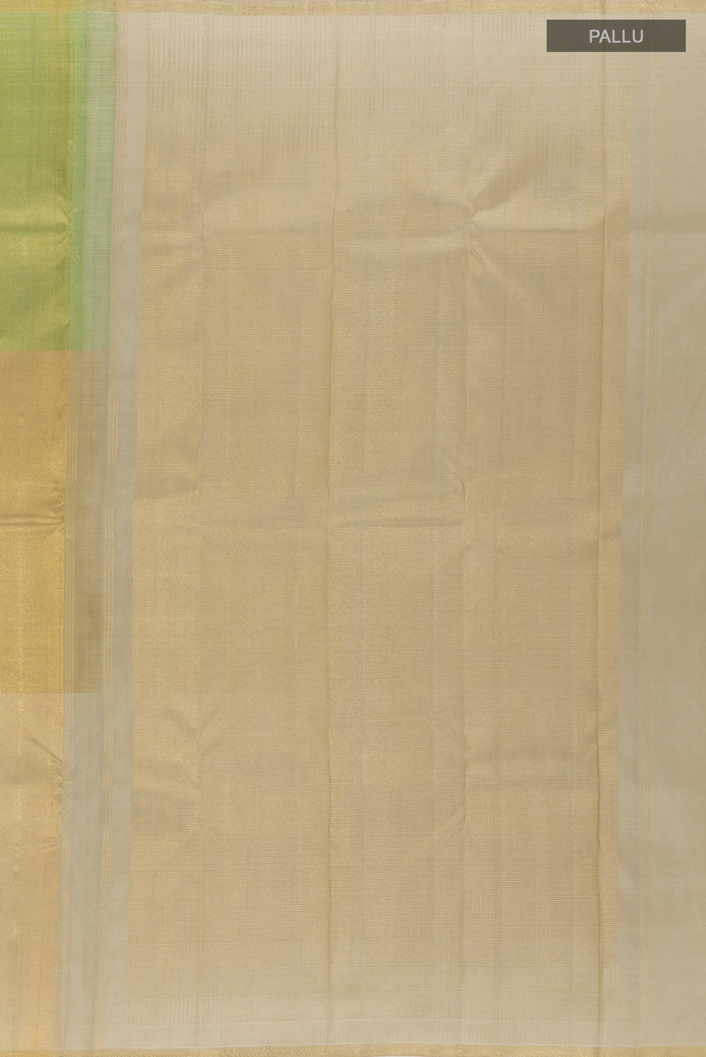 Close up image of the pallu of Golden Kanchipuram Silk Saree with Zari Brocade on the body and Zari Border. 