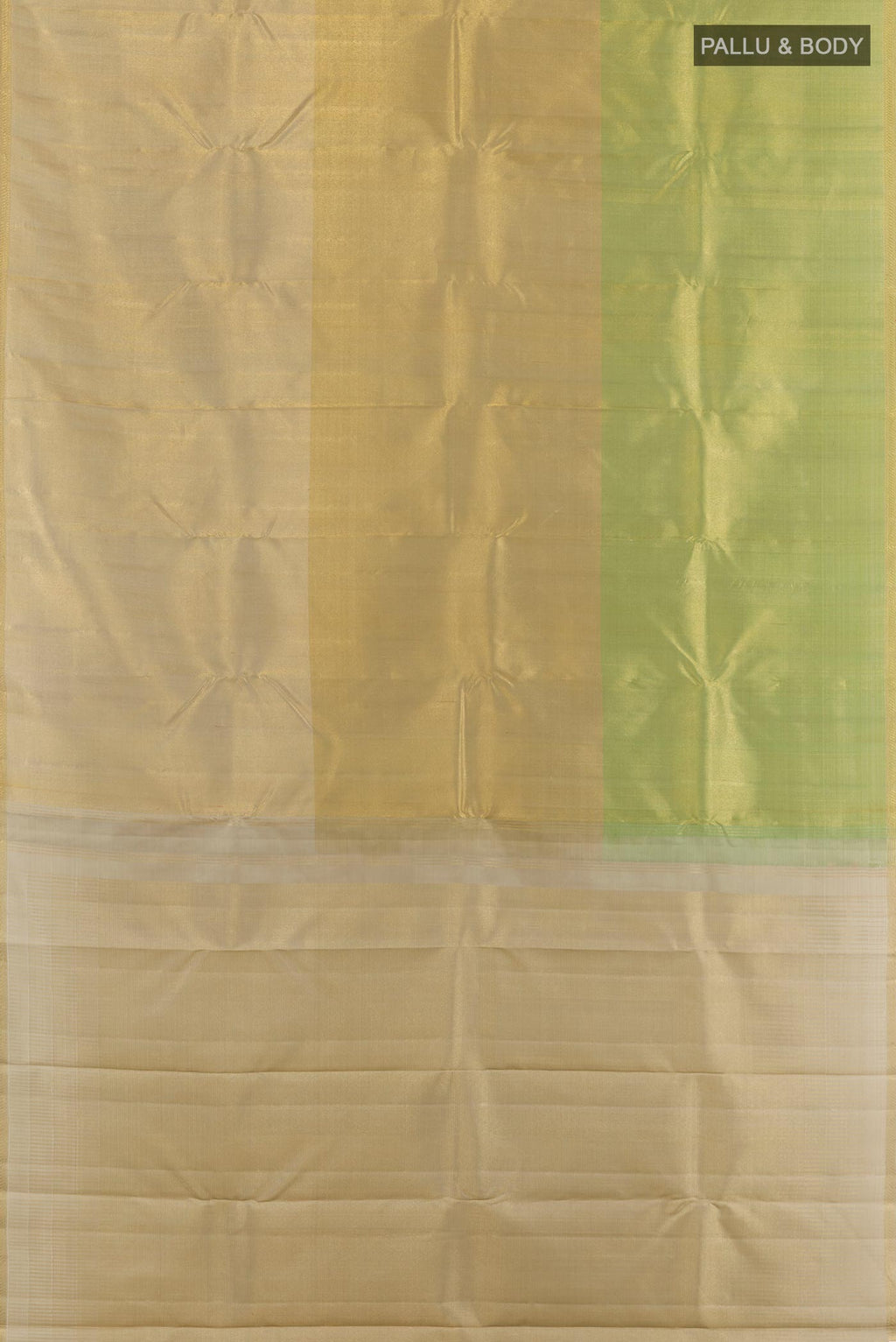 Flat view of Golden Kanchipuram Silk Saree with Zari Brocade on the body and Zari Border. 