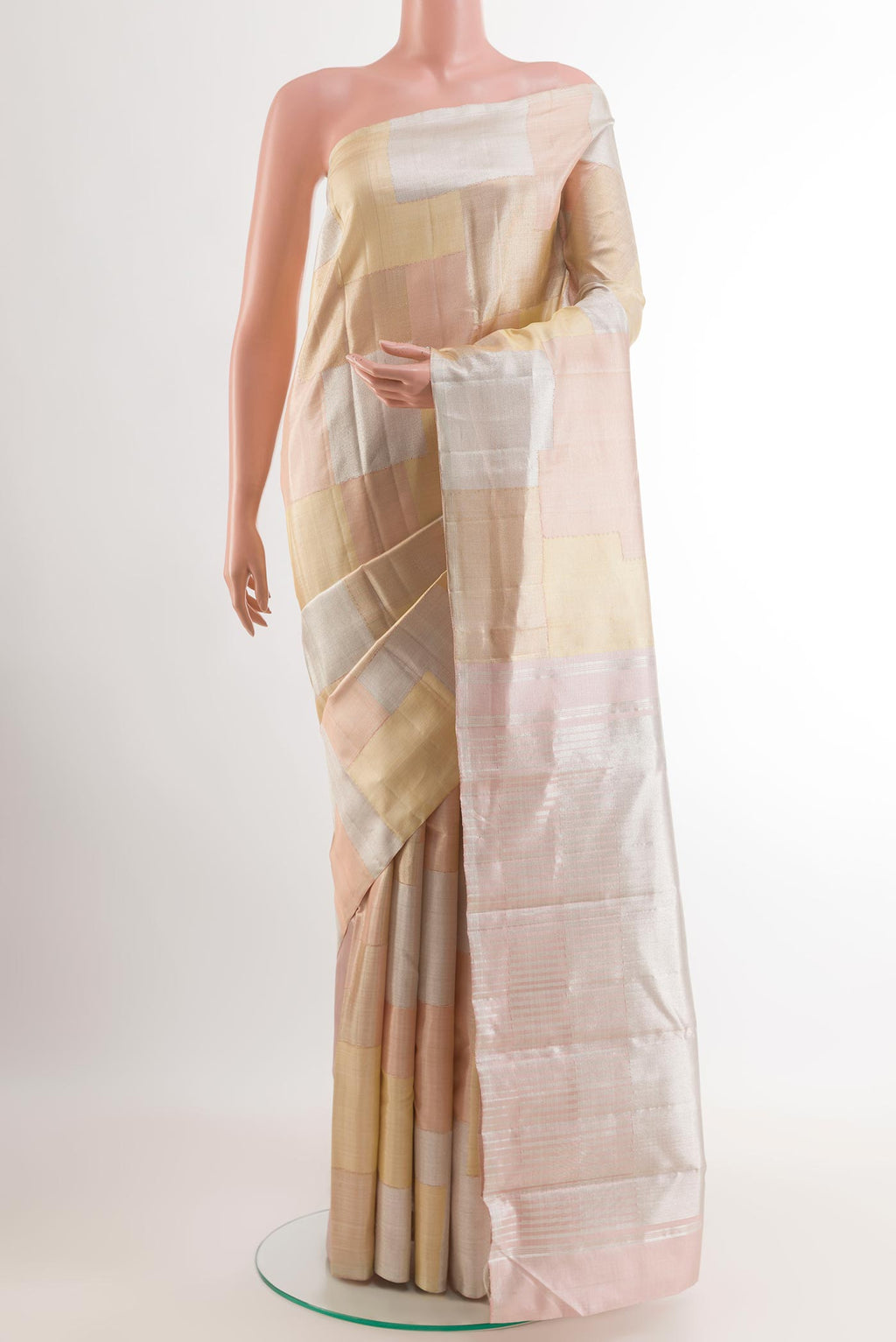 Pure Silk Pure Zari Imperial Pink Kanjivaram Saree with Zari Brocade on the body and Zari Border.  displayed on a mannequin