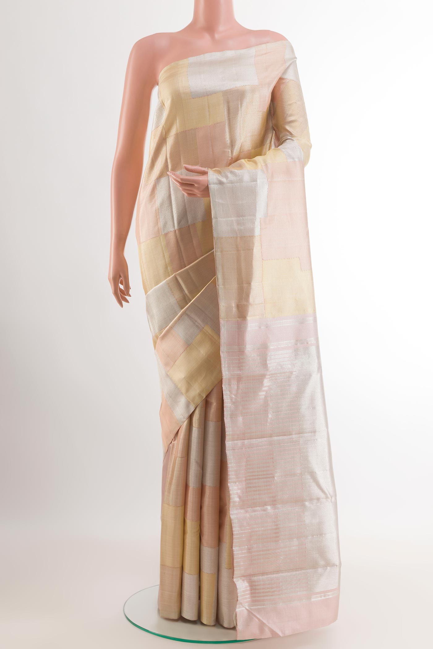 Pure Silk Pure Zari Imperial Pink Kanjivaram Saree with Zari Brocade on the body and Zari Border.  displayed on a mannequin