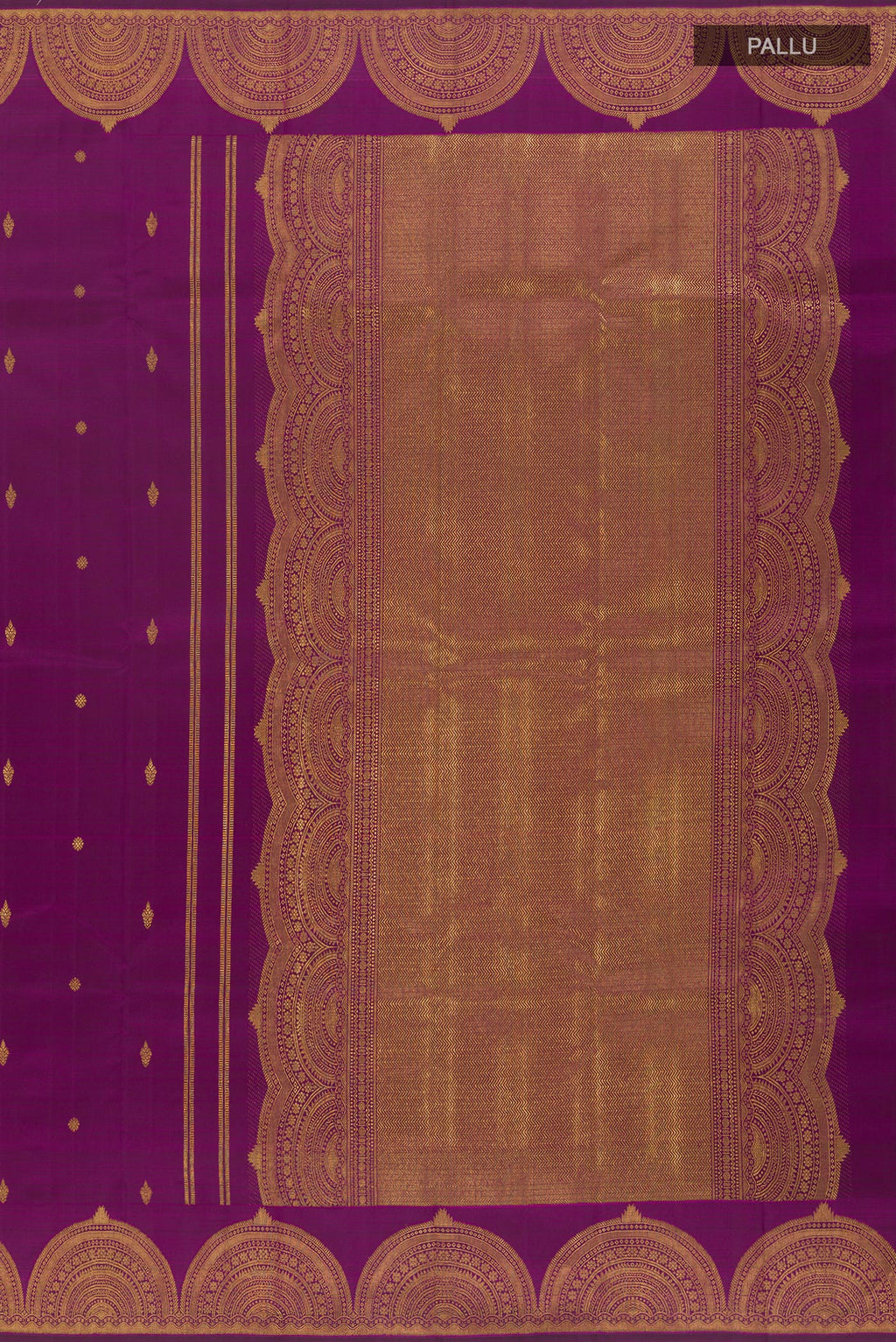 Close up image of the pallu of Purple Kanjivaram Silk Saree with Zari Butta on the body and Zari Border. 