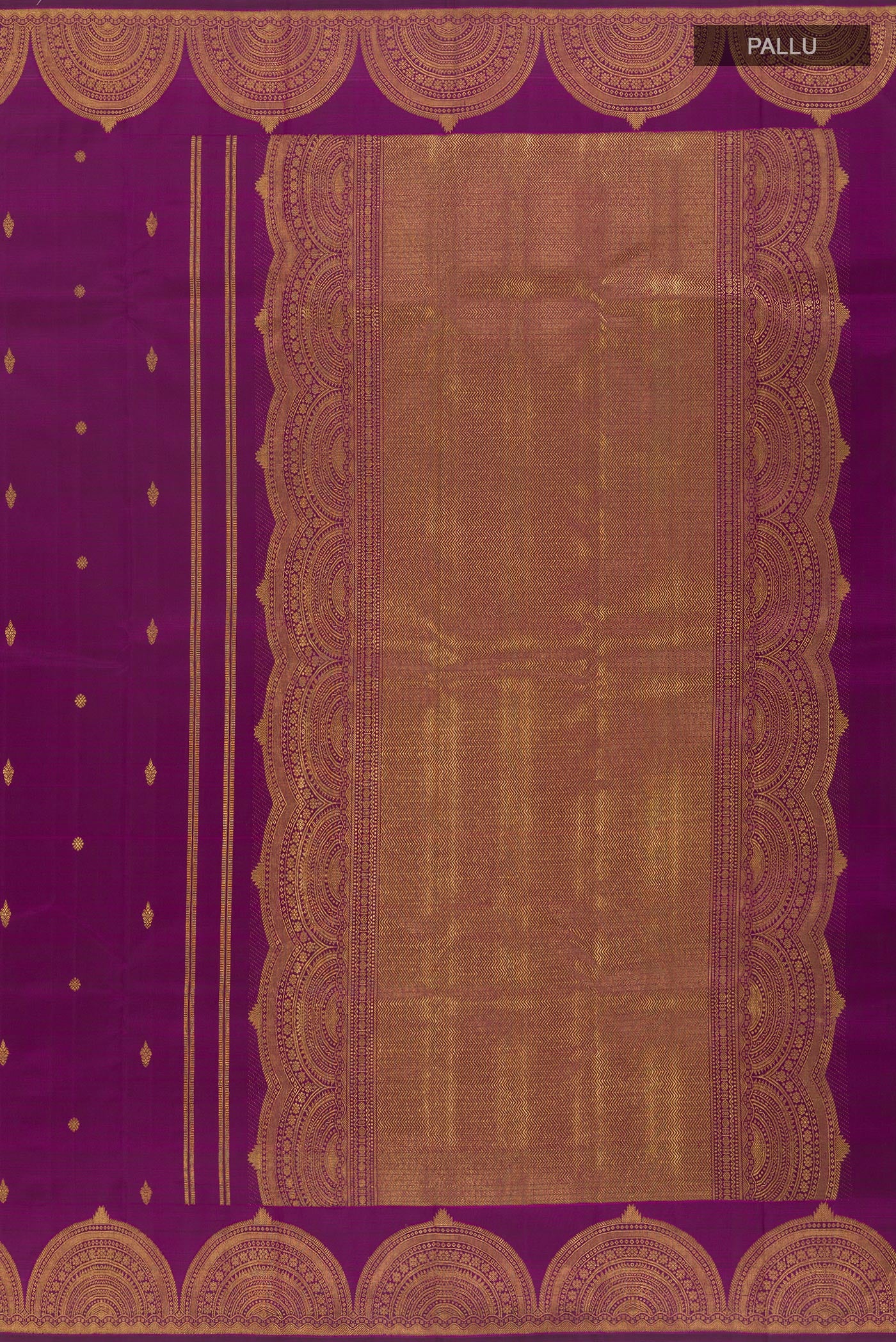 Close up image of the pallu of Purple Kanjivaram Silk Saree with Zari Butta on the body and Zari Border. 