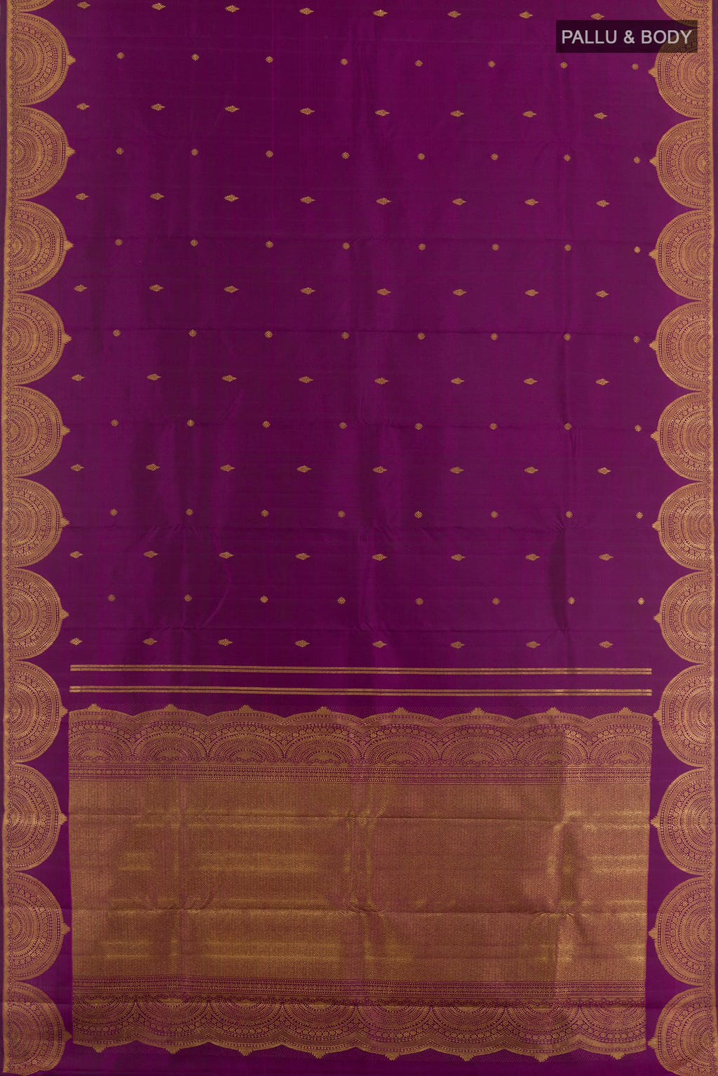 Flat view of Purple Kanjivaram Silk Saree with Zari Butta on the body and Zari Border. 