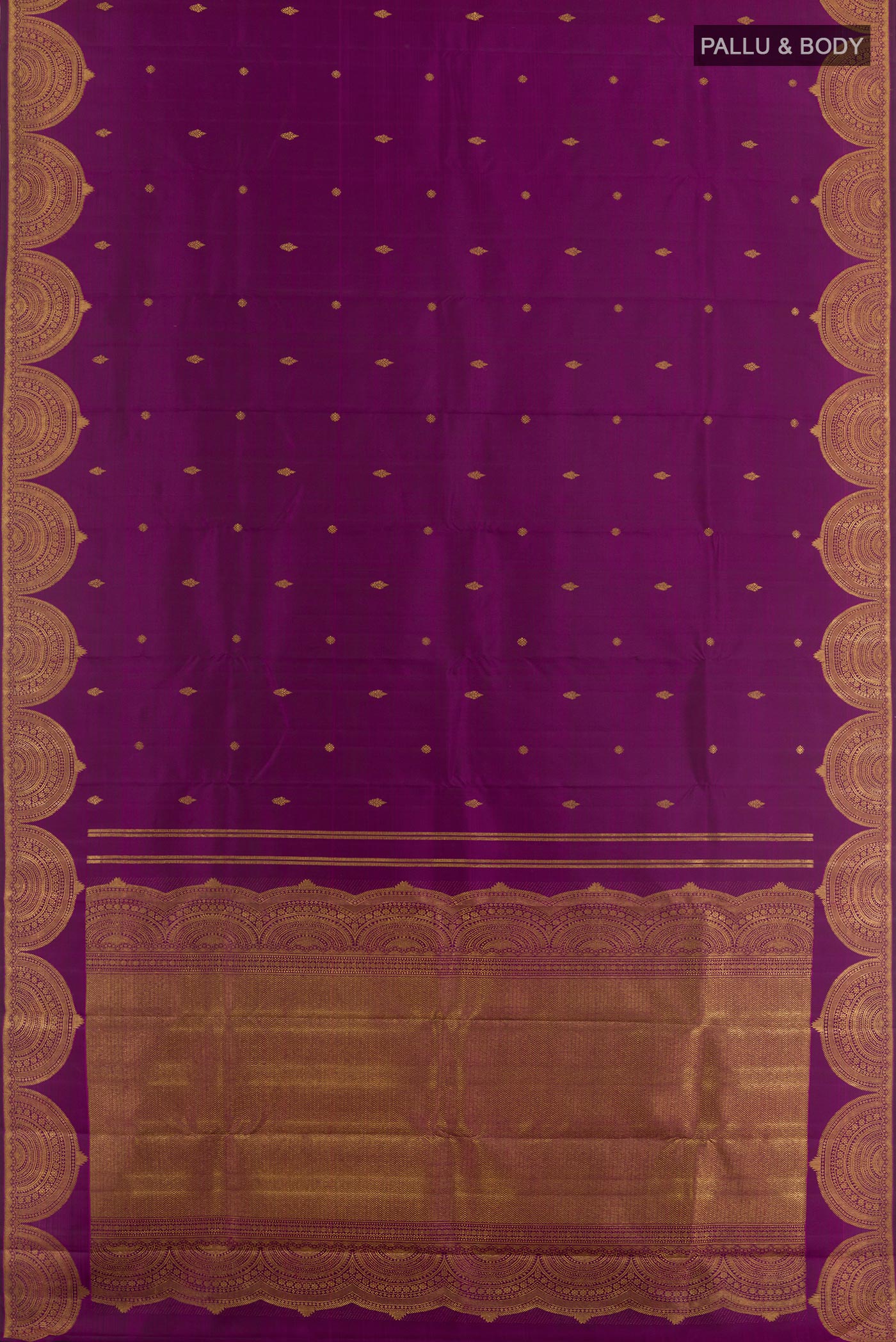 Flat view of Purple Kanjivaram Silk Saree with Zari Butta on the body and Zari Border. 