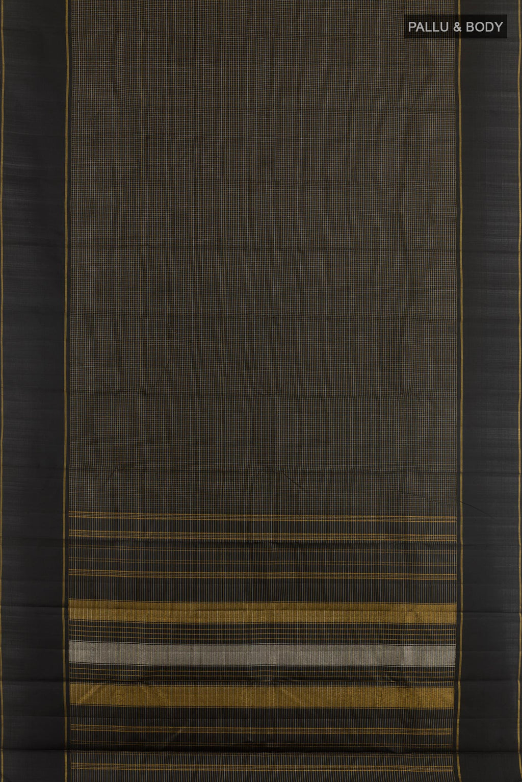 Flat view of Black Kanchipuram Silk Saree with Checked design on the body and Zari Border. 