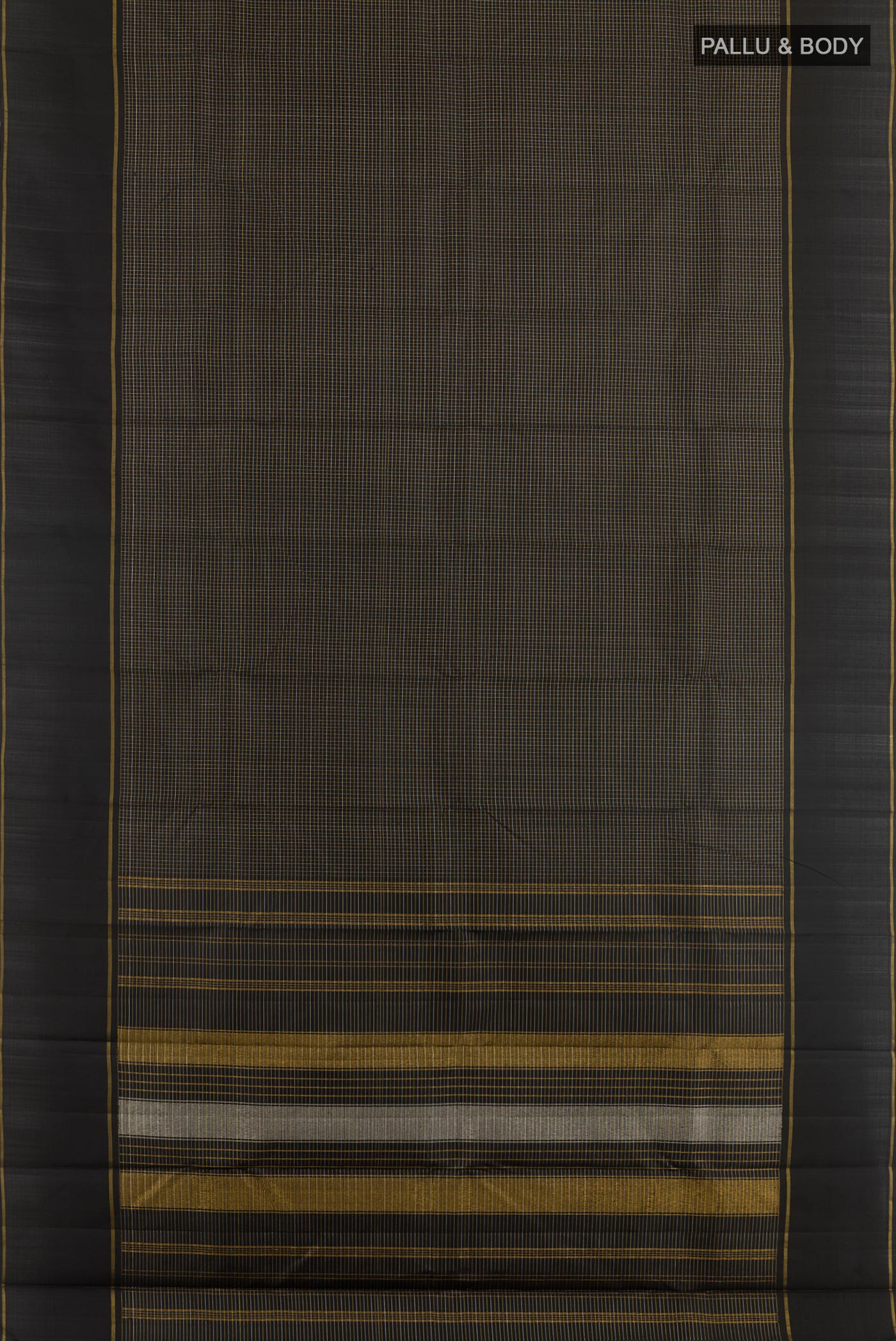 Flat view of Black Kanchipuram Silk Saree with Checked design on the body and Zari Border. 