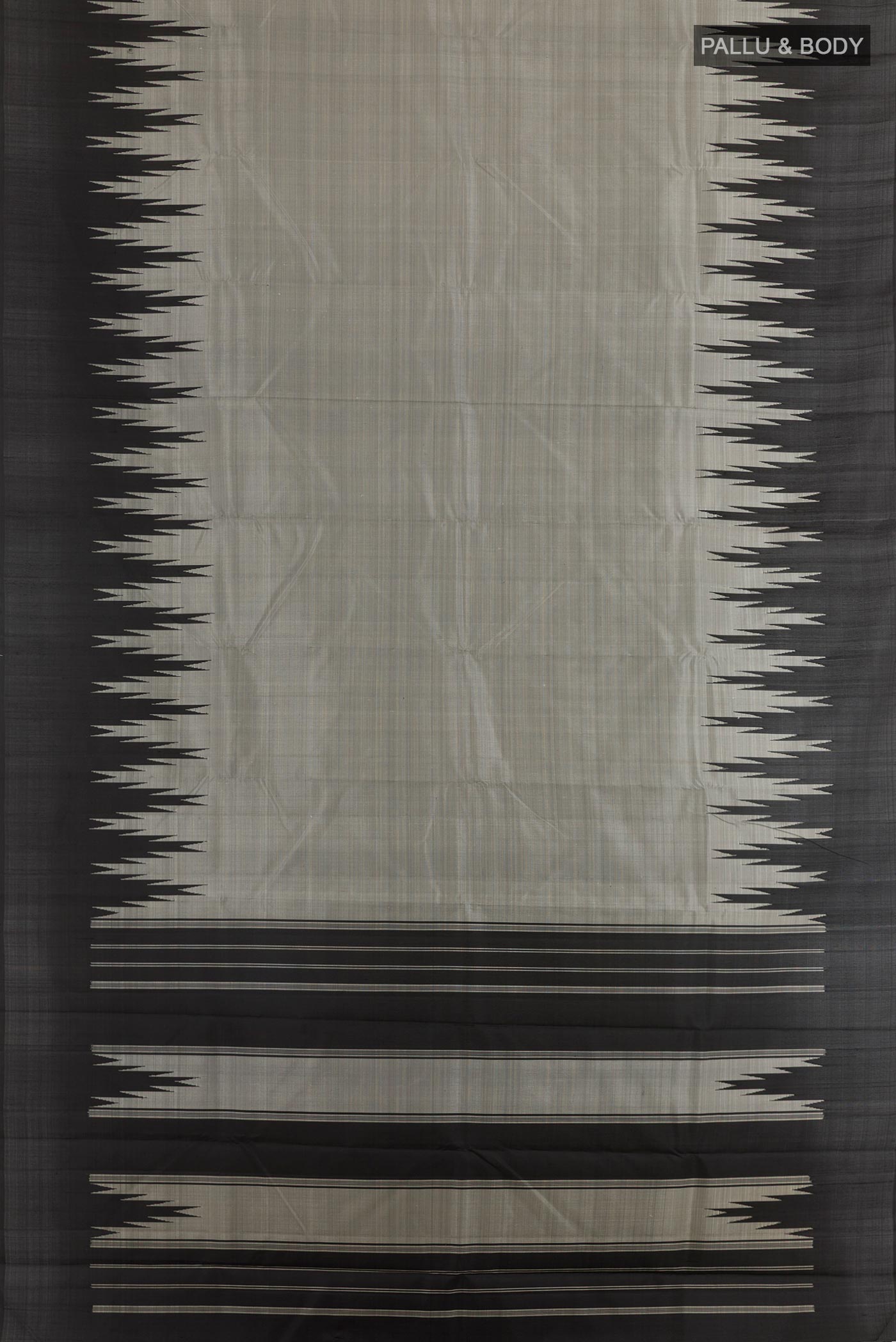 Flat view of Grey Kanchipuram Silk Saree with Plain Body and Temple Border. 