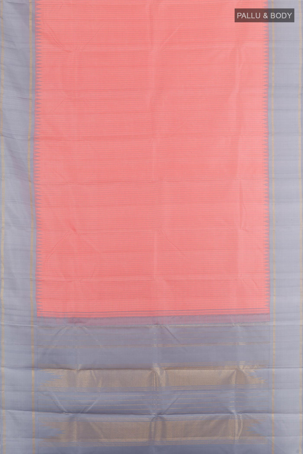 Flat view of Pink Kanchipuram Silk Saree with Checked design on the body and Zari Border. 
