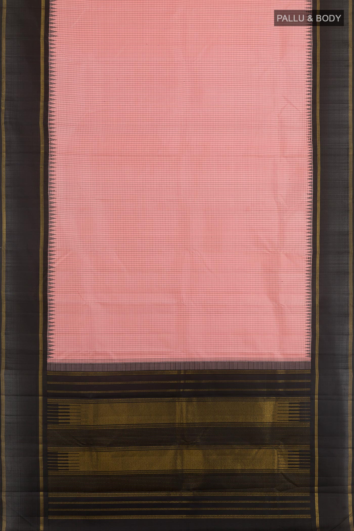 Flat view of Pink Kanchipuram Silk Saree with Checked design on the body and Zari Border. 