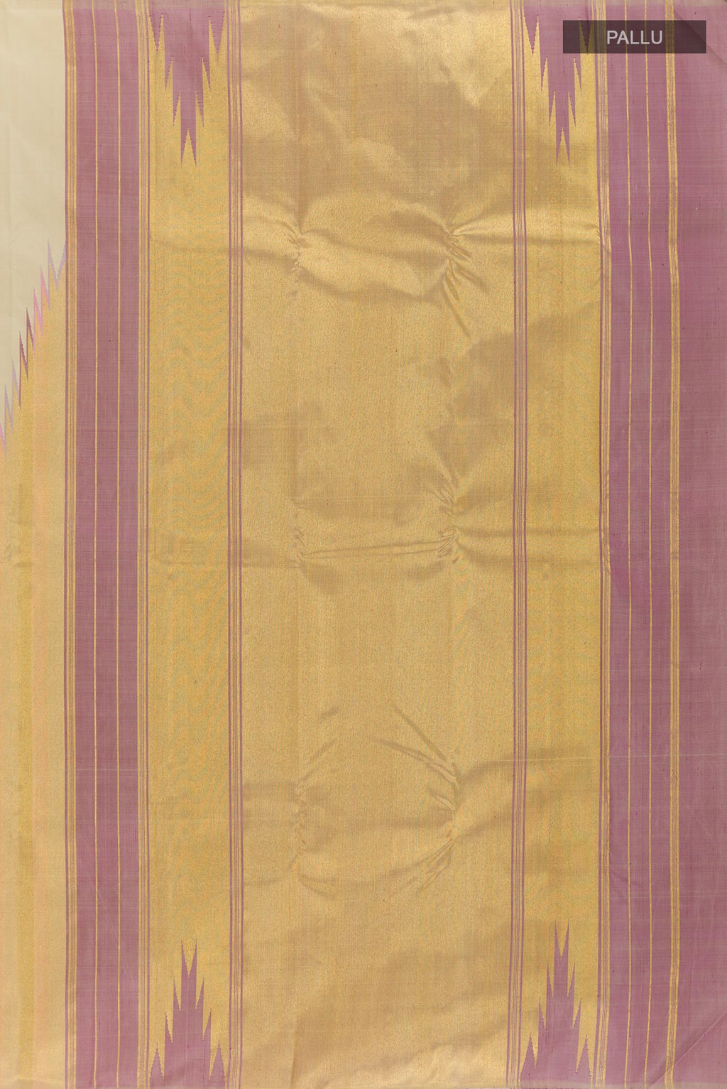 Close up image of the pallu of Cream Kanchipuram Silk Saree with Plain Body and Rising Temple Border. 