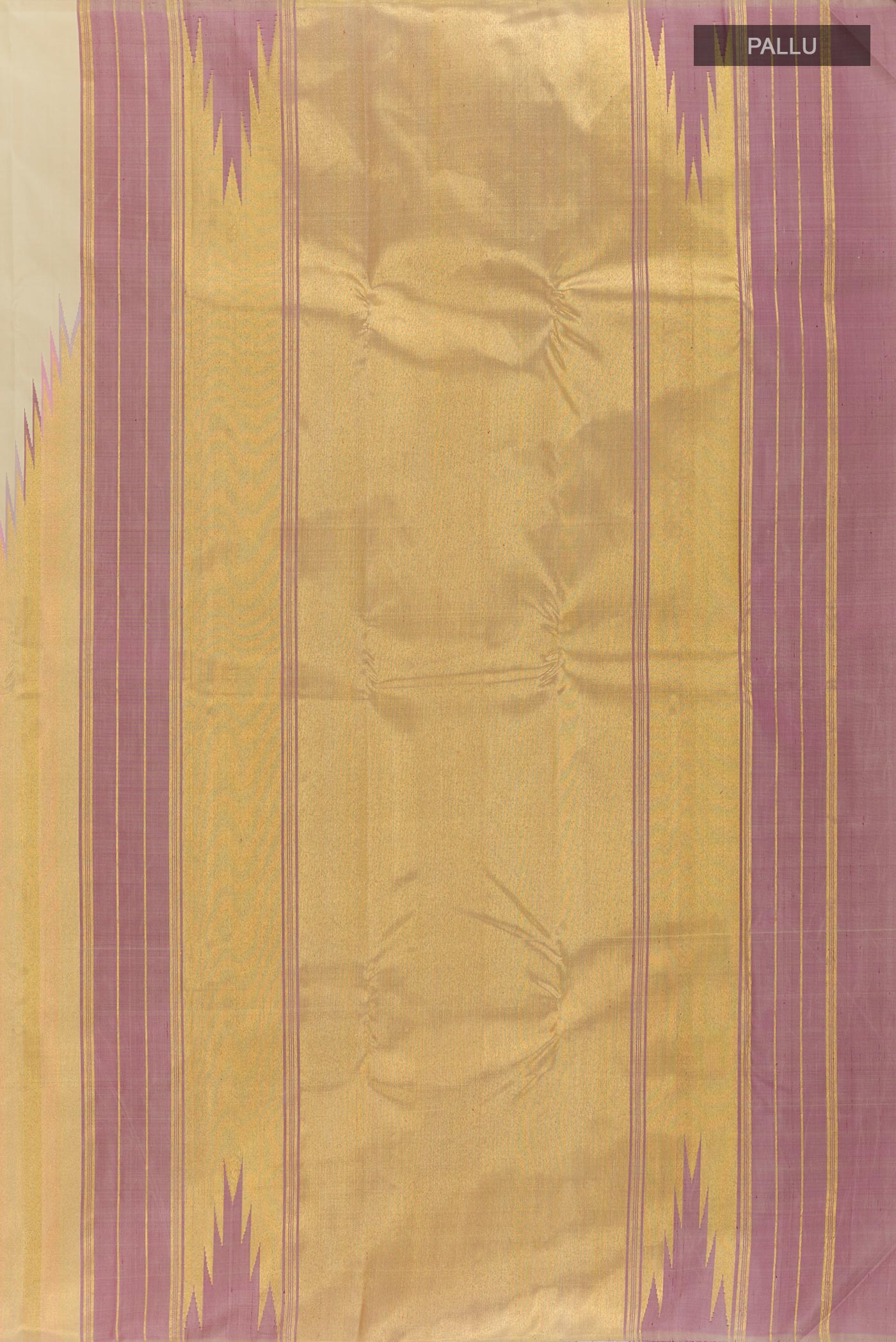 Close up image of the pallu of Cream Kanchipuram Silk Saree with Plain Body and Rising Temple Border. 