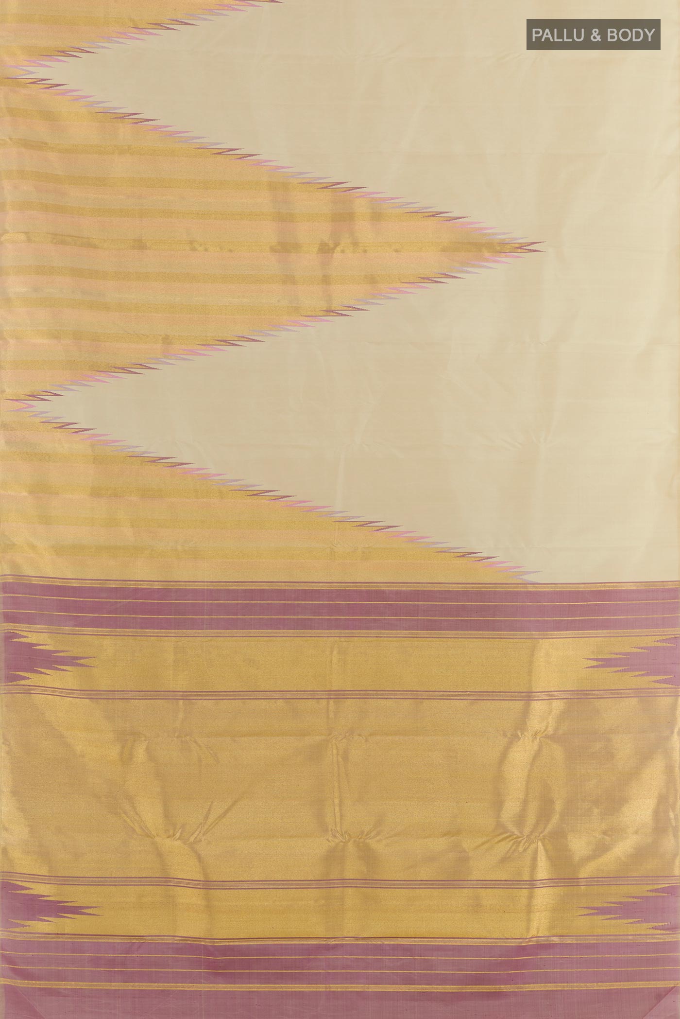 Flat view of Cream Kanchipuram Silk Saree with Plain Body and Rising Temple Border. 