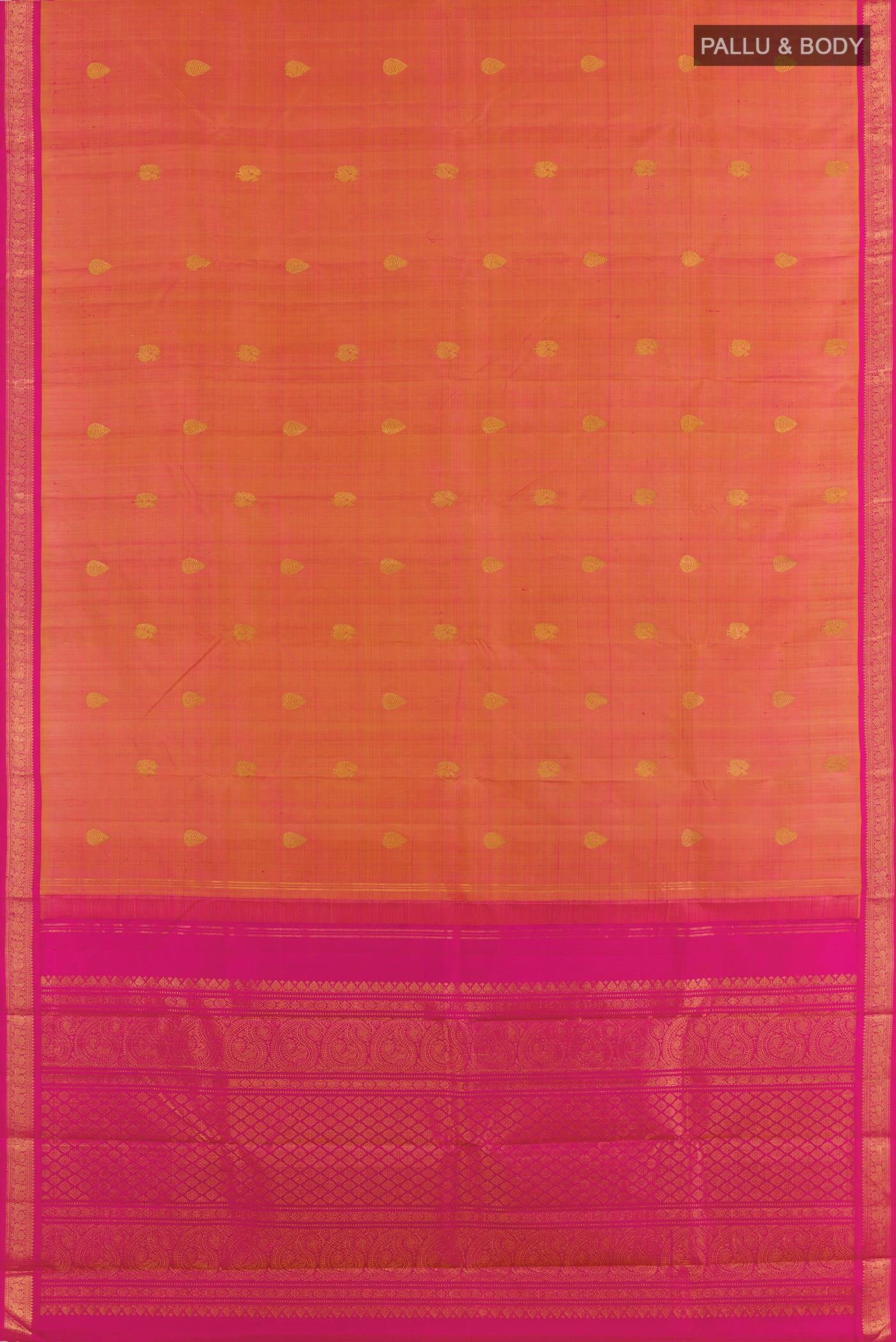 Flat view of Brick Orange Kanchipuram Silk Saree with Zari Butta on the body and Ganga Jamuna Border. 