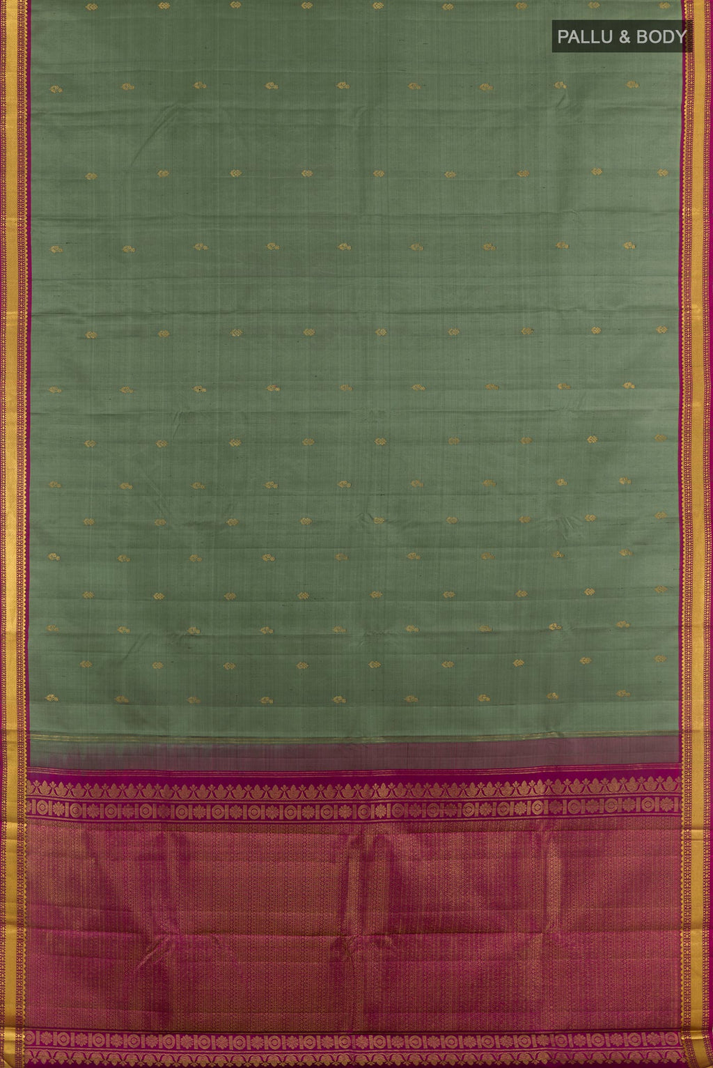 Flat view of Grey Kanchipuram Silk Saree with Zari Butta on the body and Zari Border. 