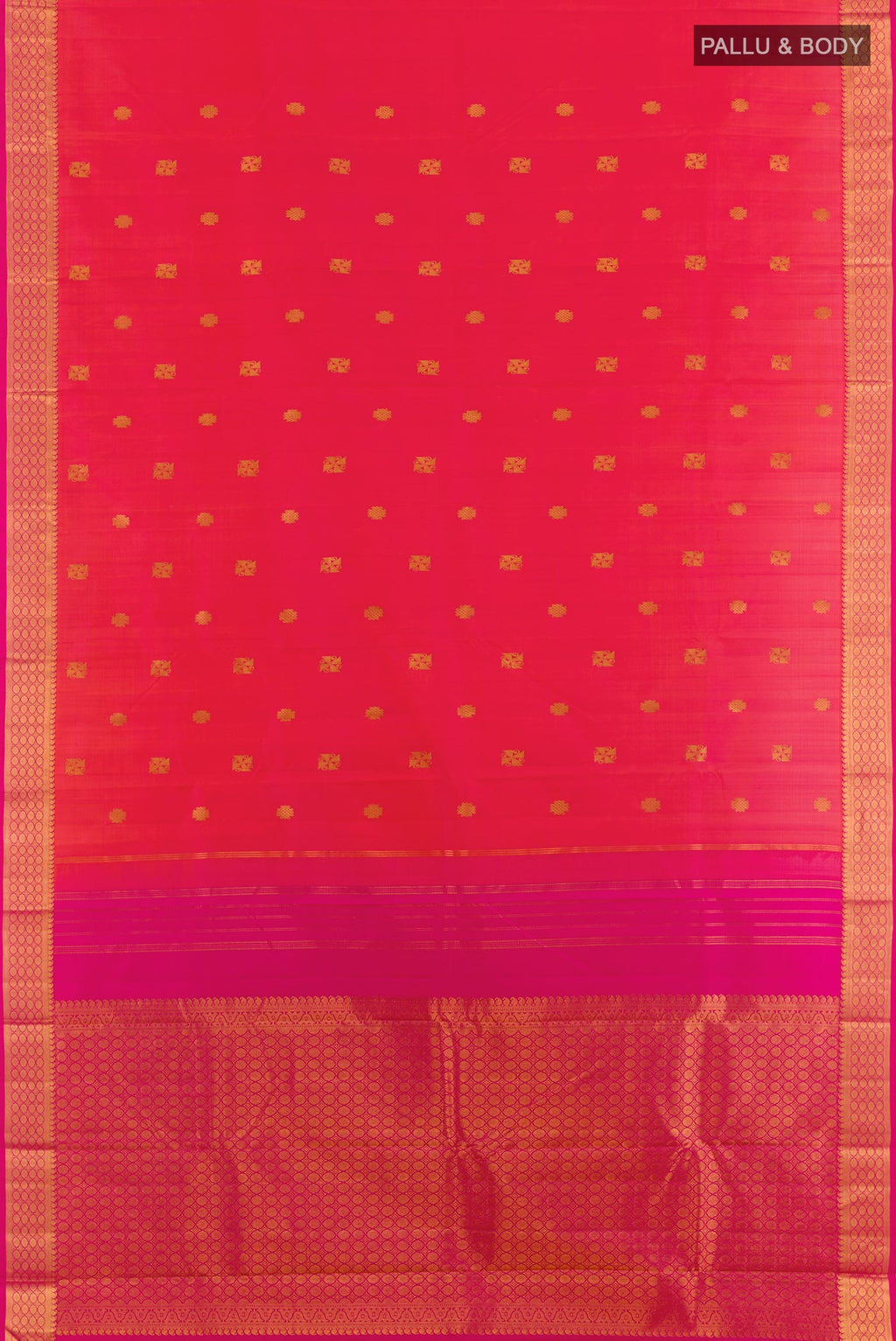 Flat view of Pink Kanchipuram Silk Saree with Zari Butta on the body and Zari Border. 